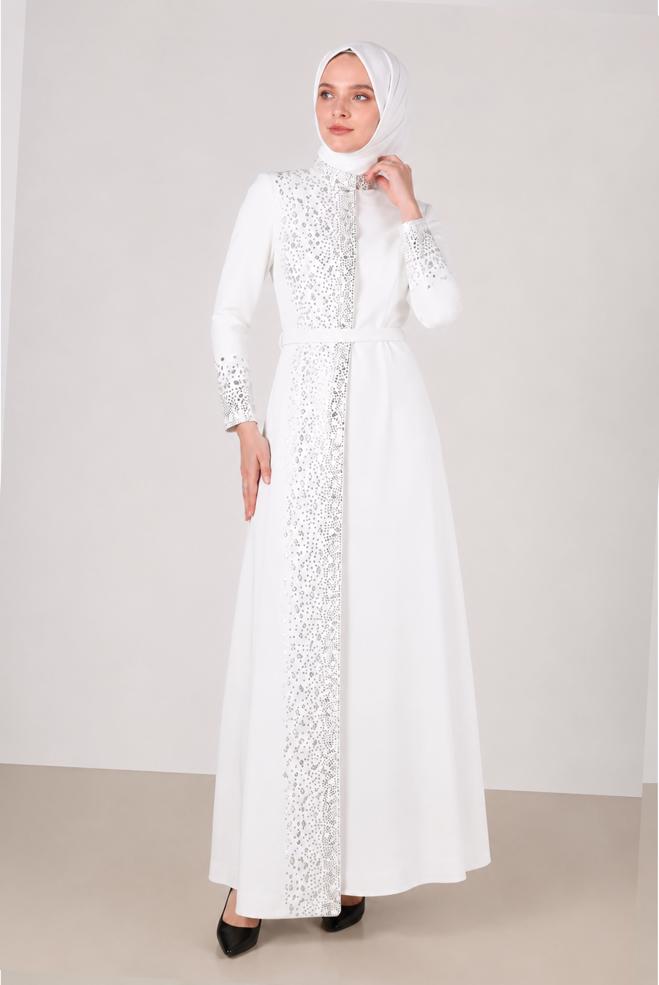 Vêtements hijab BLANC ROBE DE SOIRÉE CEINTURÉE DÉTAIL GEMME 50200 - ALVİNA