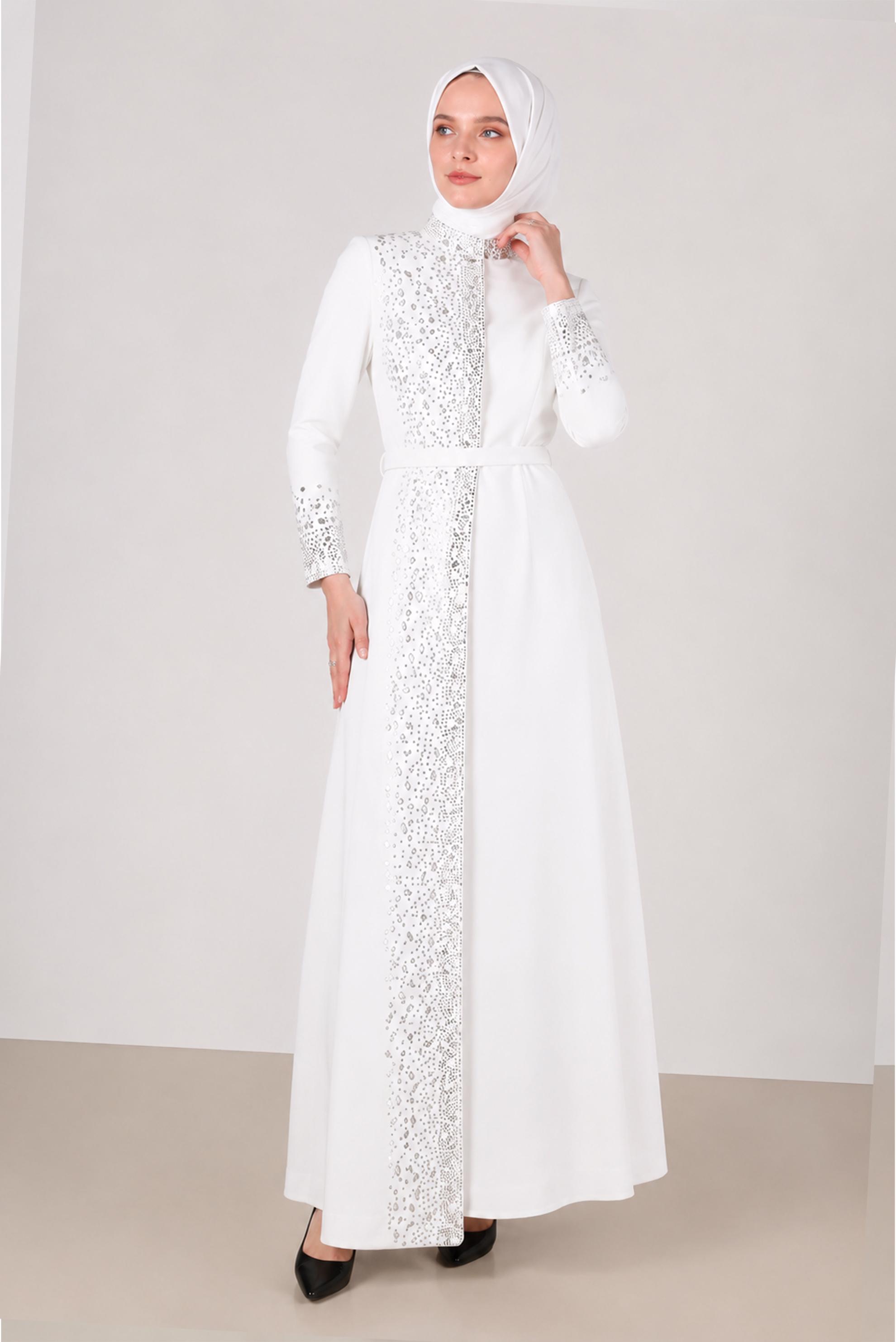 Vêtements hijab BLANC ROBE DE SOIRÉE CEINTURÉE DÉTAIL GEMME 50200