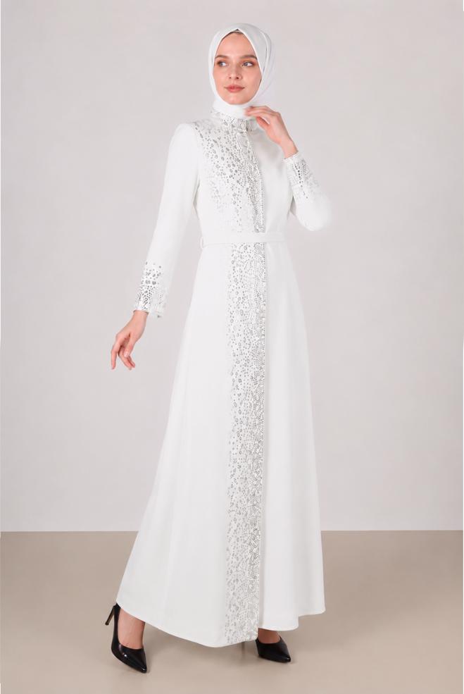 Vêtements hijab BLANC ROBE DE SOIRÉE CEINTURÉE DÉTAIL GEMME 50200 - ALVİNA