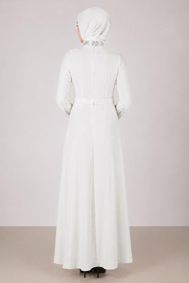Vêtements hijab BLANC ROBE DE SOIRÉE CEINTURÉE DÉTAIL GEMME 50200 - ALVİNA