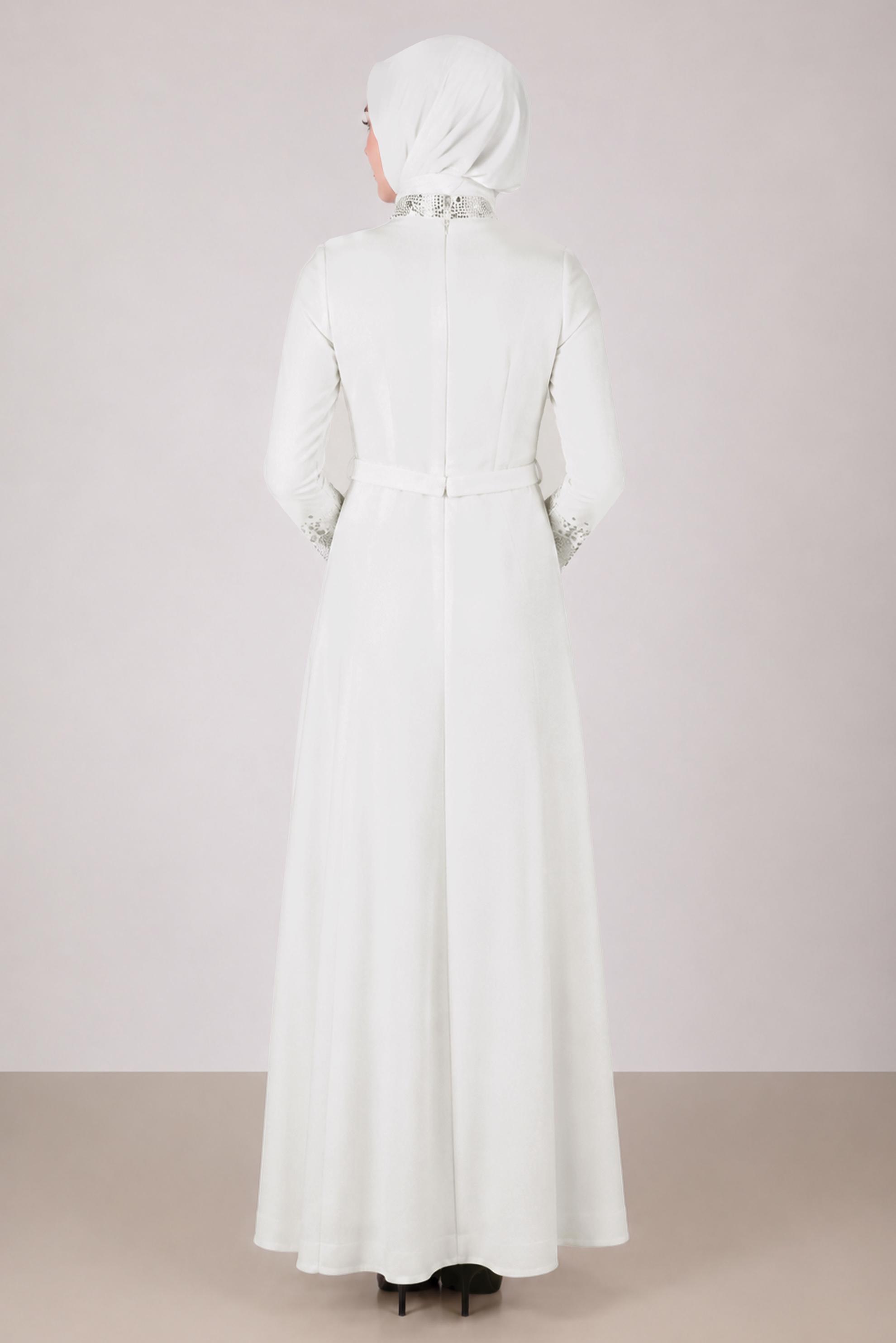 Vêtements hijab BLANC ROBE DE SOIRÉE CEINTURÉE DÉTAIL GEMME 50200
