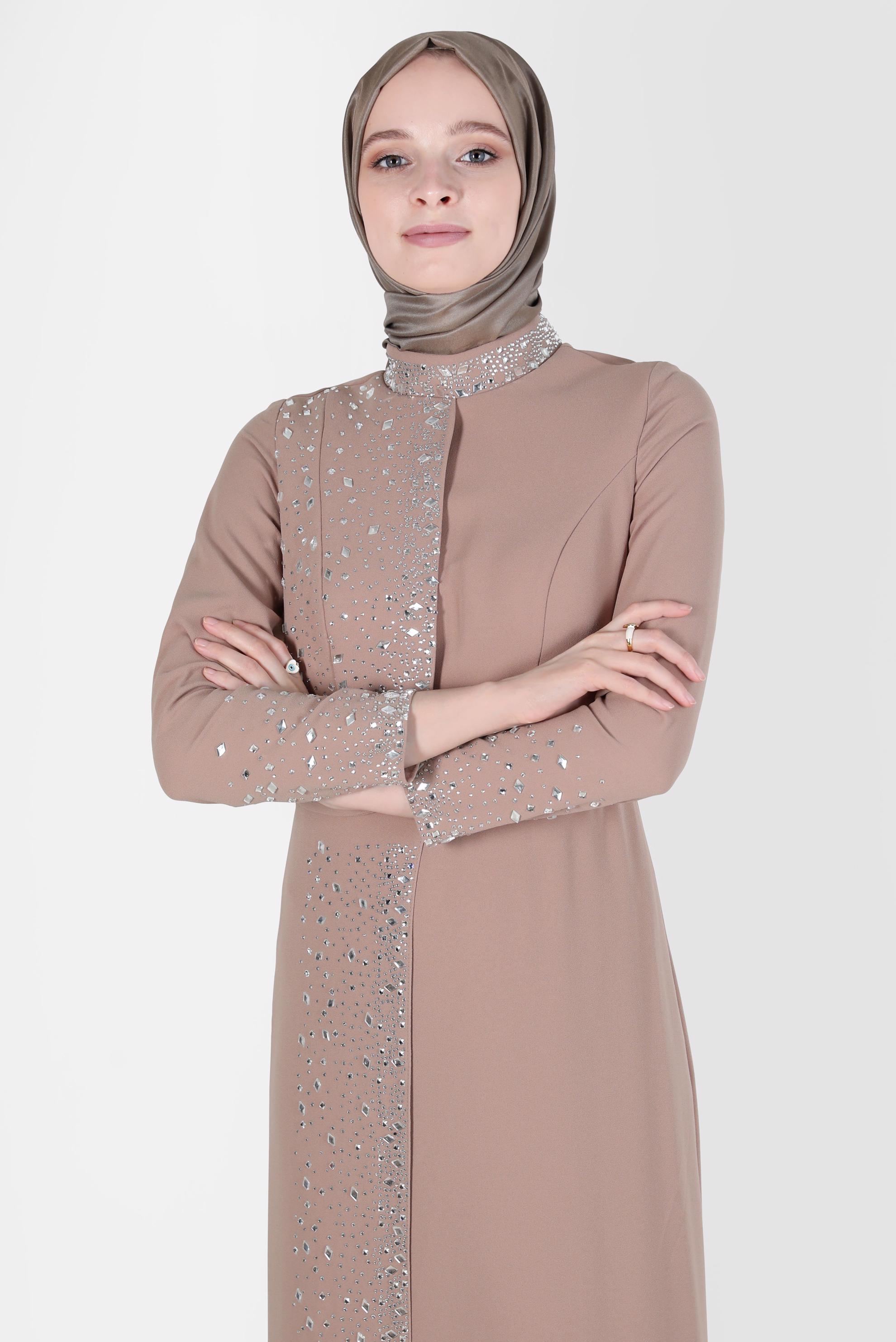 Tesettür giyim KAHVE TAŞ DETAYLI ABİYE ELBİSE 50200 