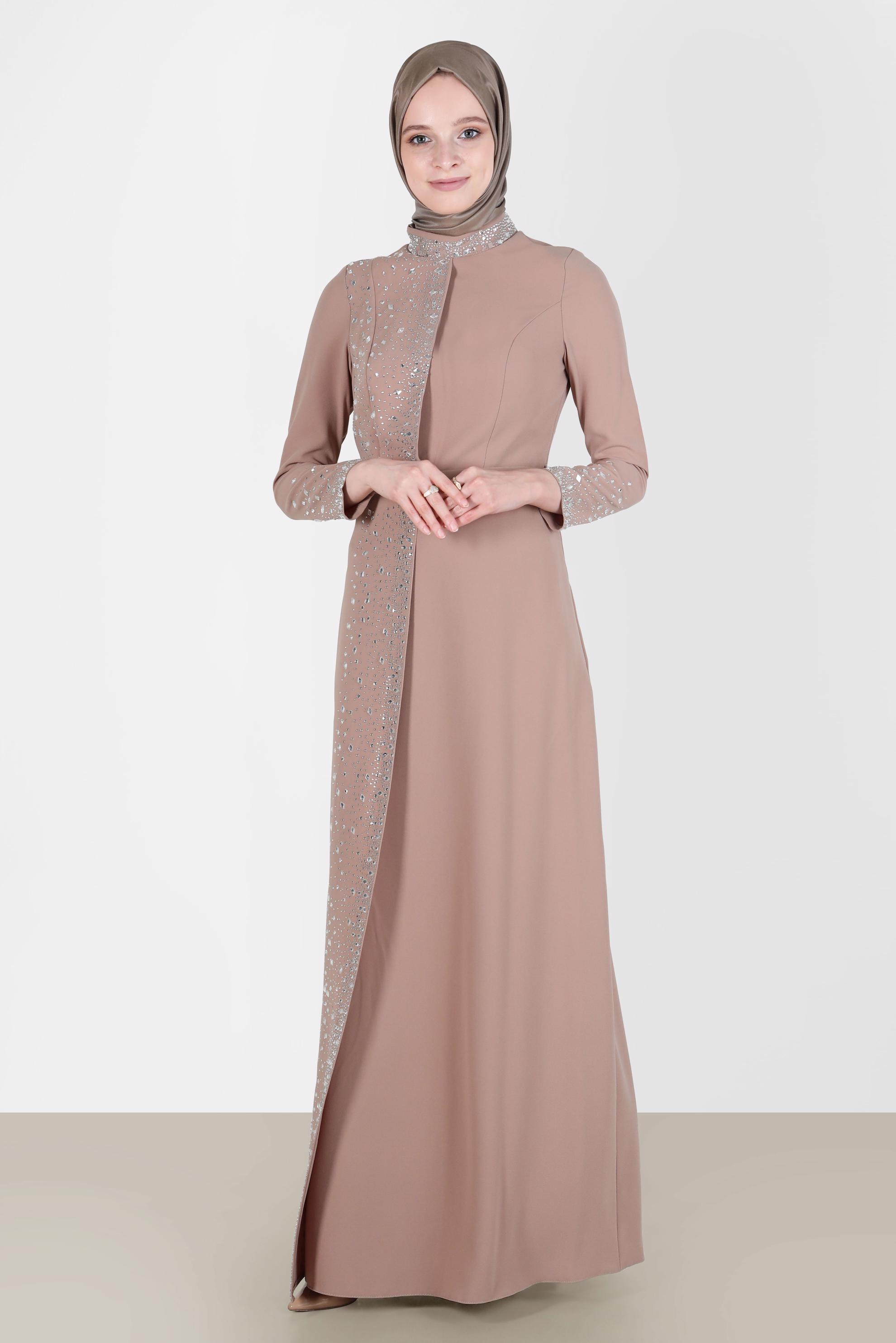 Tesettür giyim KAHVE TAŞ DETAYLI ABİYE ELBİSE 50200 