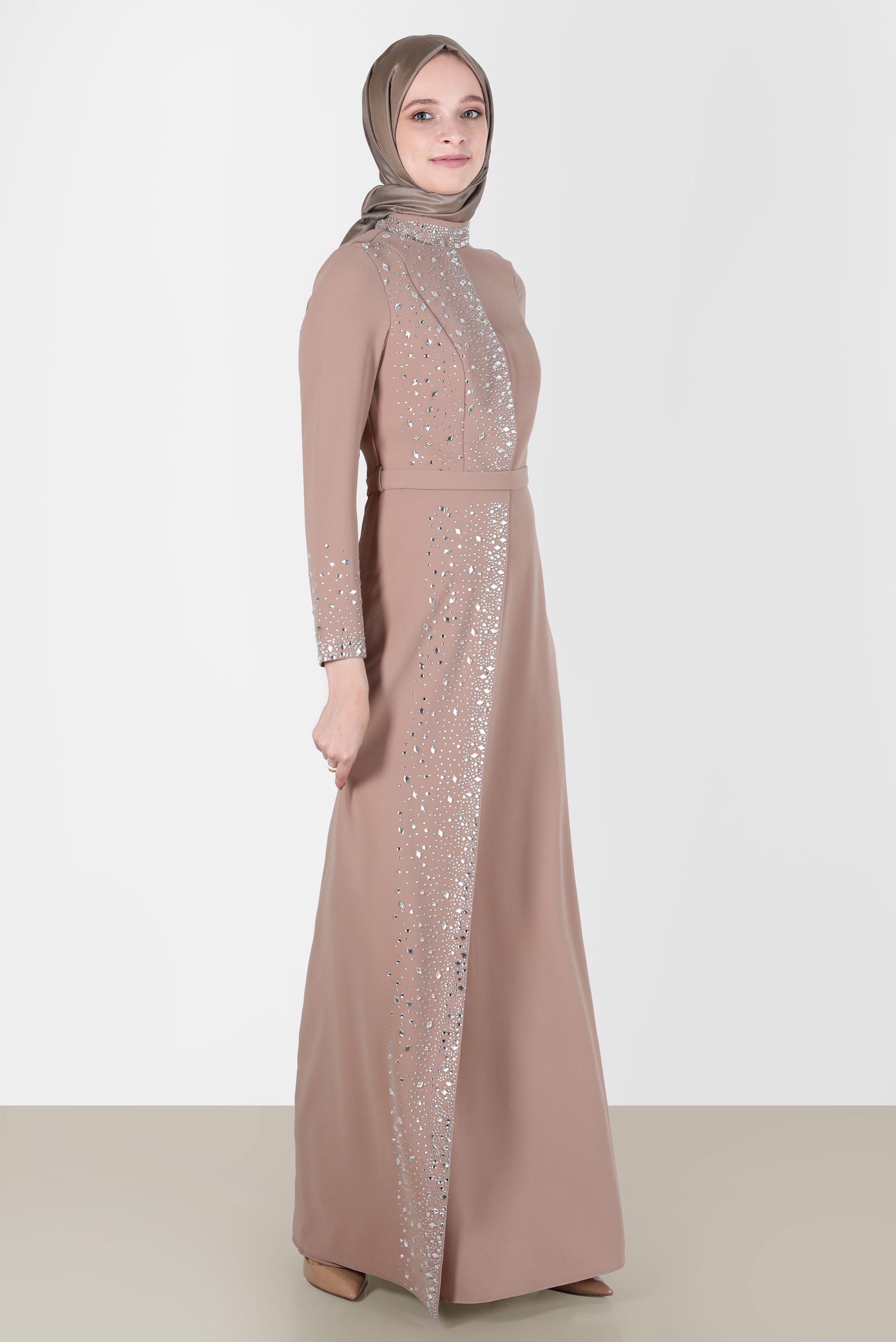 Tesettür giyim KAHVE TAŞ DETAYLI ABİYE ELBİSE 50200 