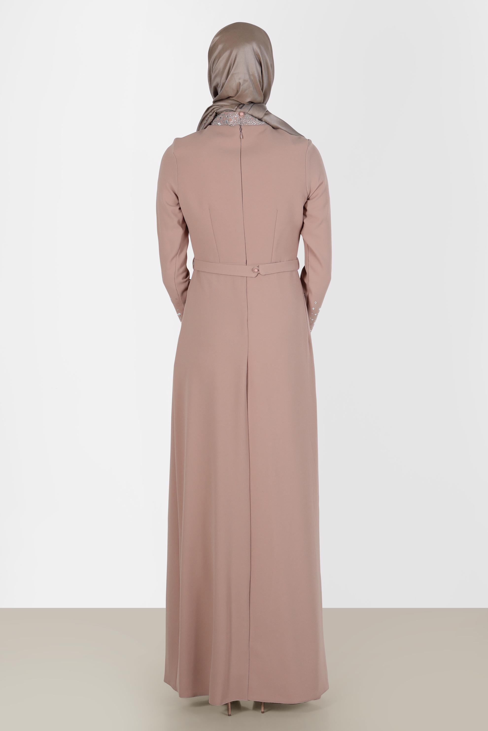 Tesettür giyim KAHVE TAŞ DETAYLI ABİYE ELBİSE 50200 