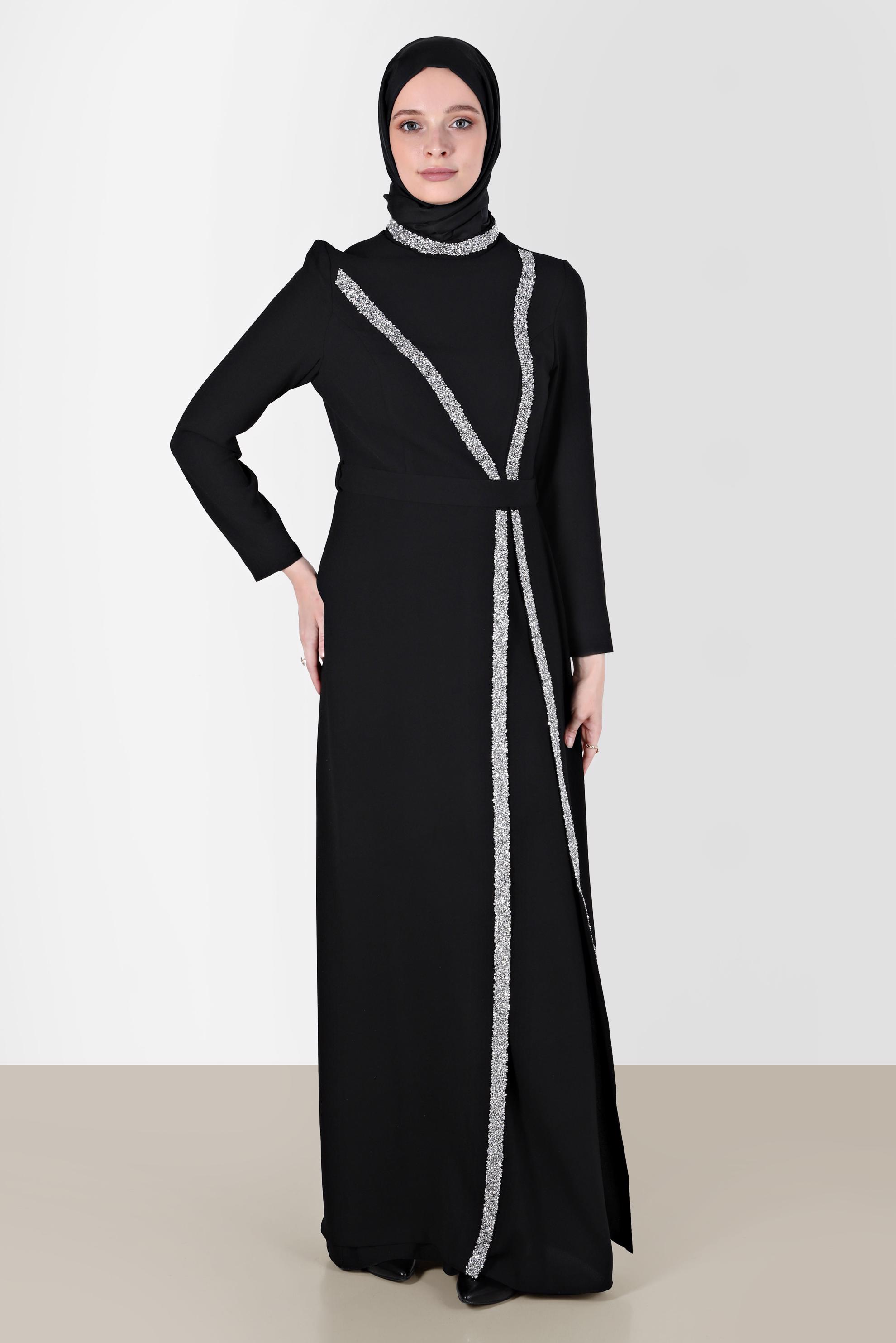 Vêtements hijab NOIR ROBE DE SOIRÉE RAYURES BIJOUX 50202