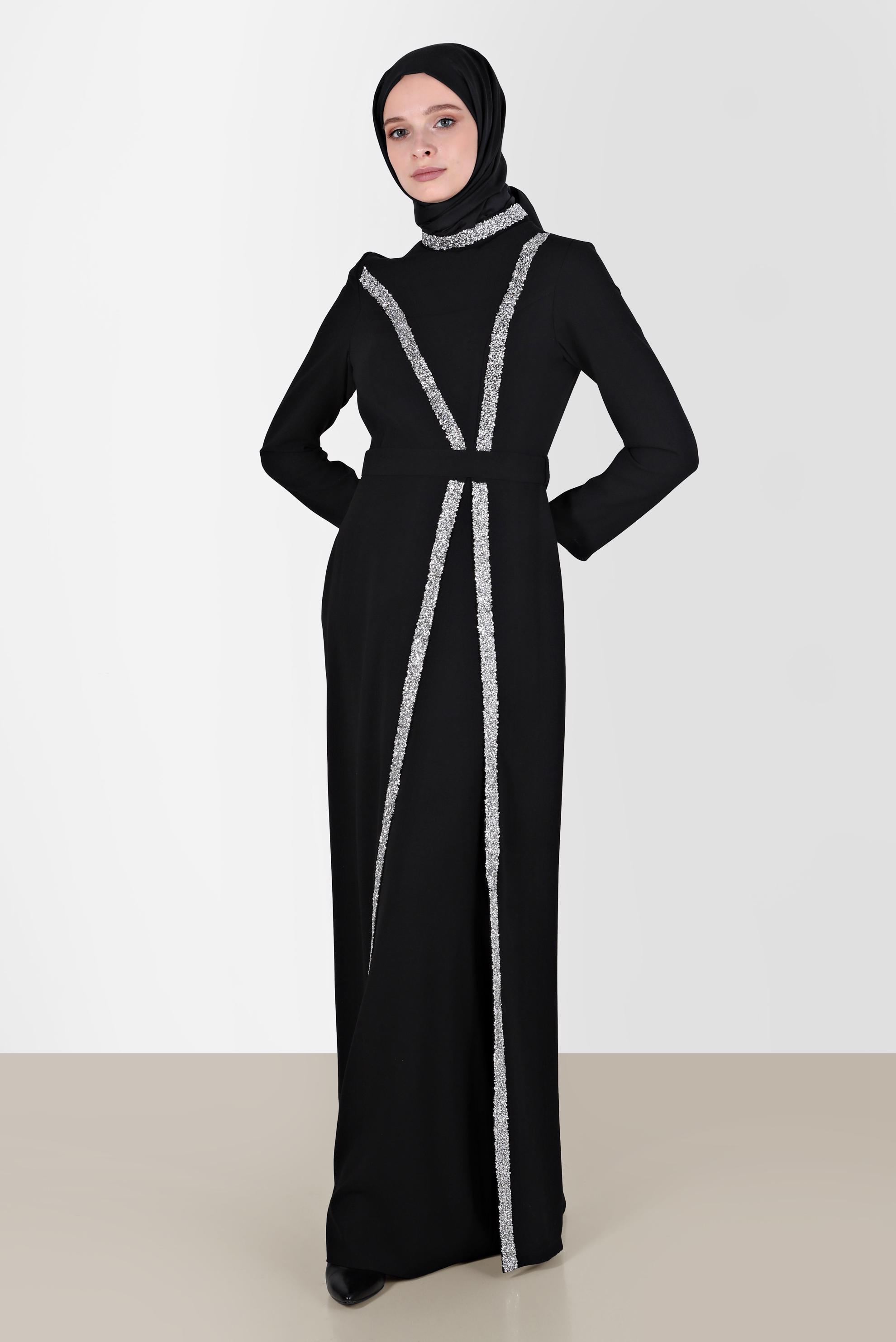 Vêtements hijab NOIR ROBE DE SOIRÉE RAYURES BIJOUX 50202