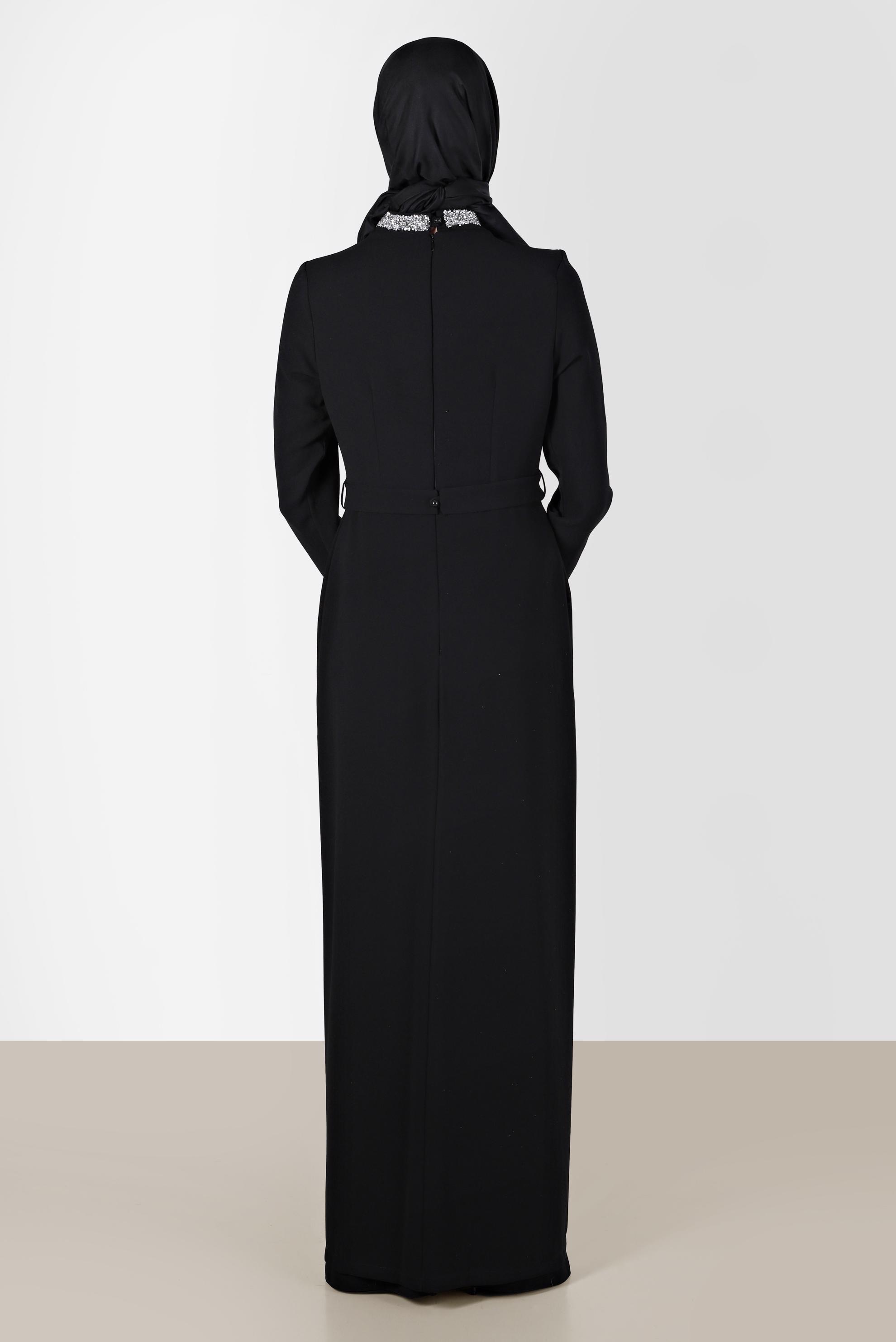 Vêtements hijab NOIR ROBE DE SOIRÉE RAYURES BIJOUX 50202