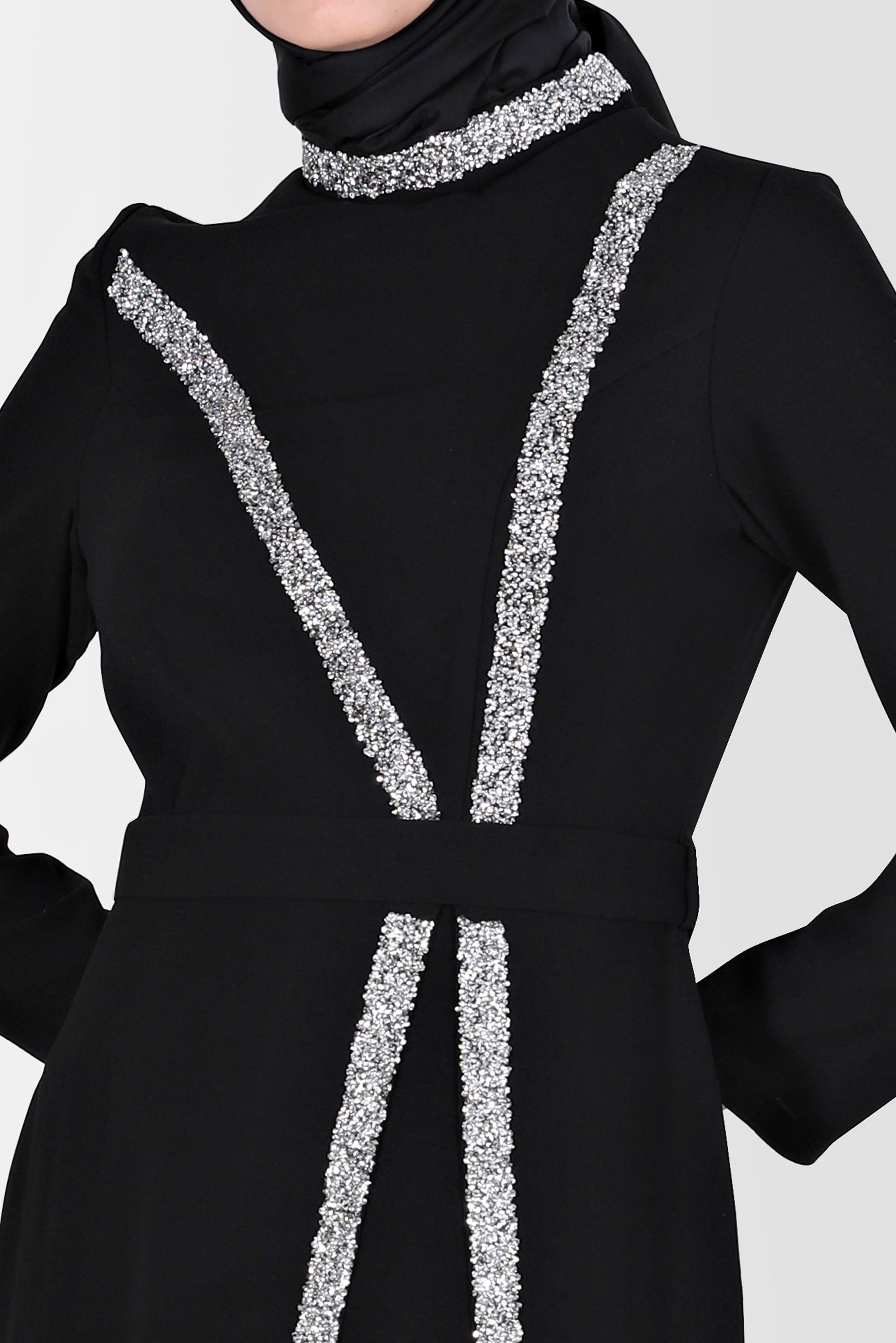 Vêtements hijab NOIR ROBE DE SOIRÉE RAYURES BIJOUX 50202