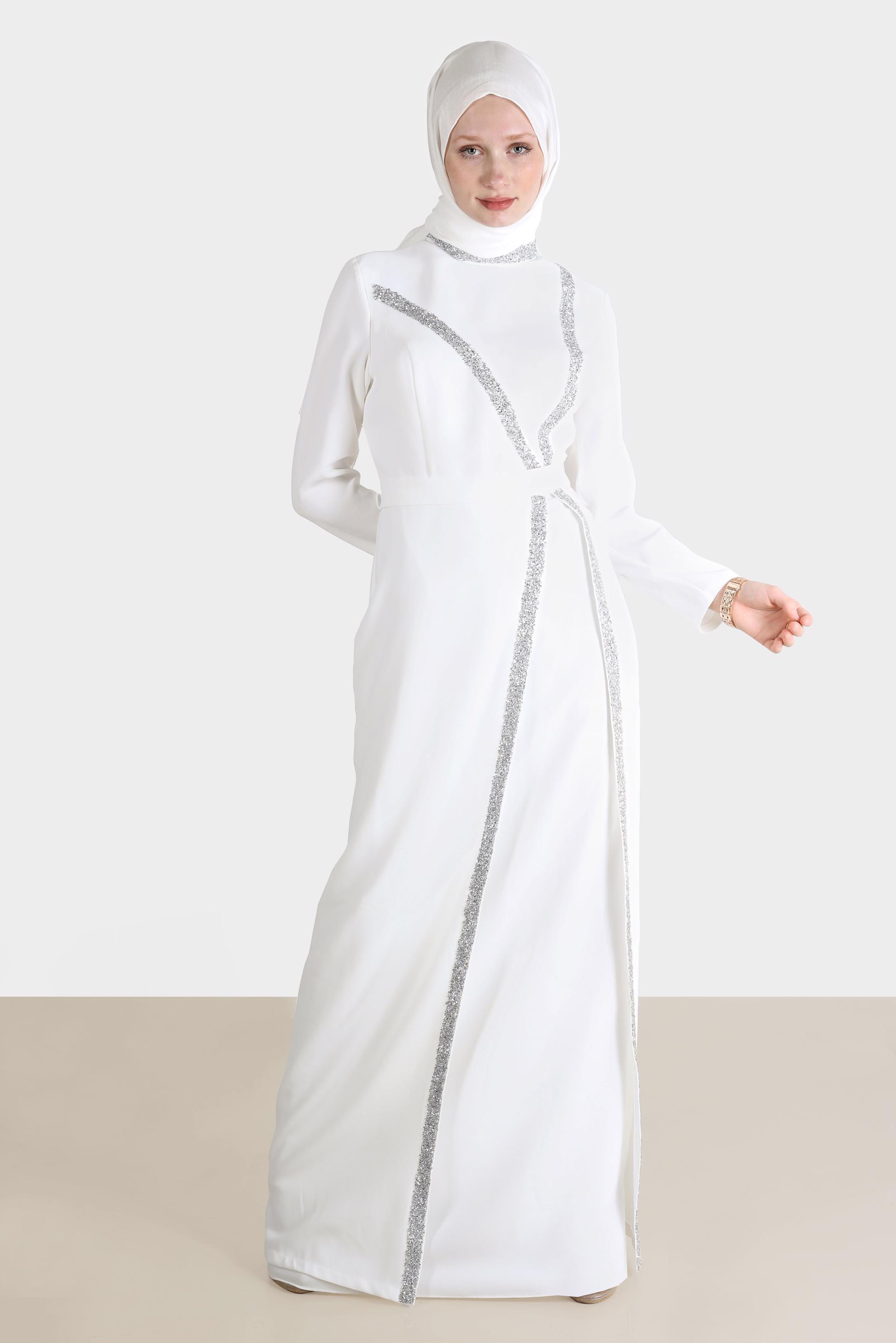 Tesettür giyim BEYAZ TAŞLI ŞERİT DETAYLI ABİYE 50202 