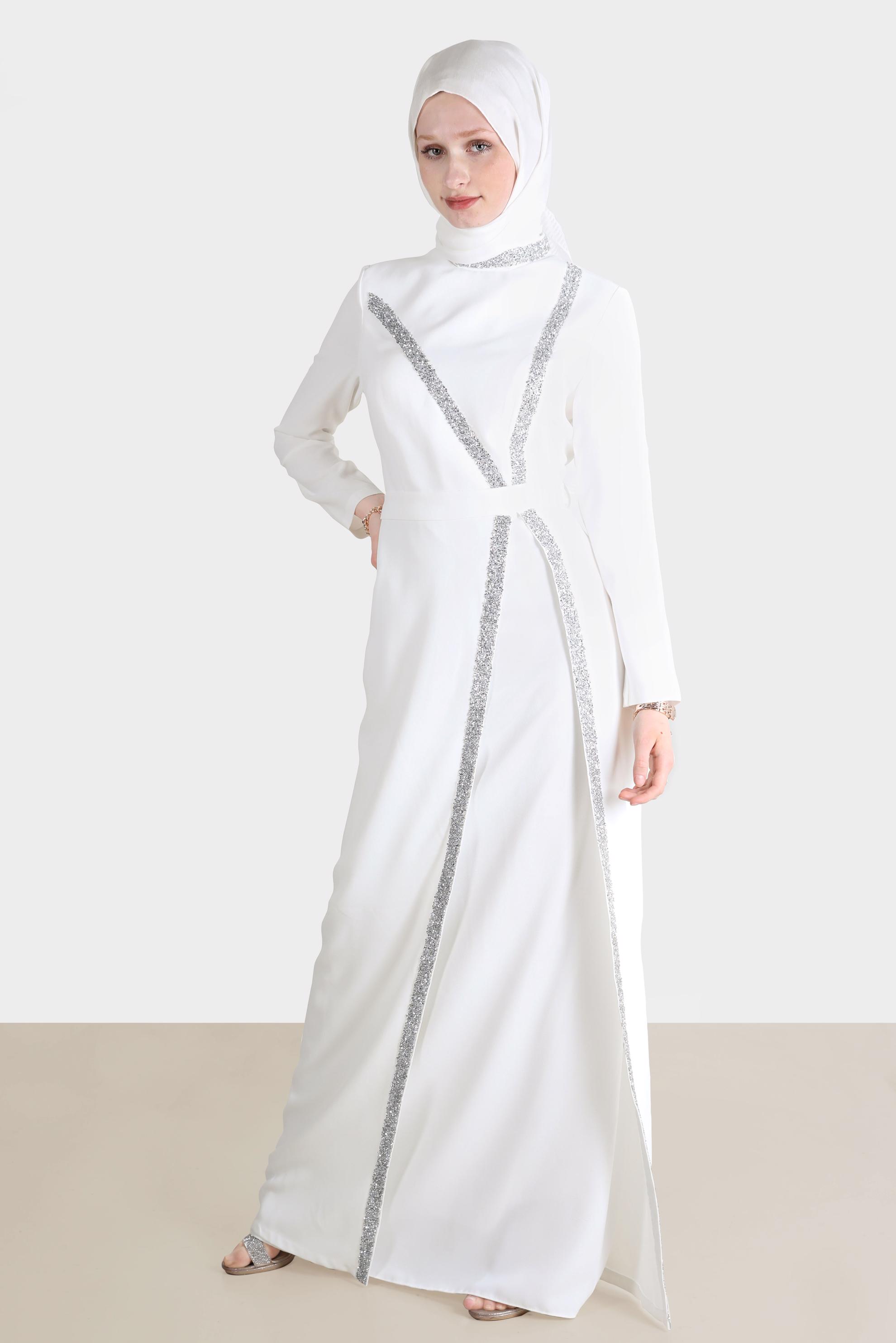 Tesettür giyim BEYAZ TAŞLI ŞERİT DETAYLI ABİYE 50202 