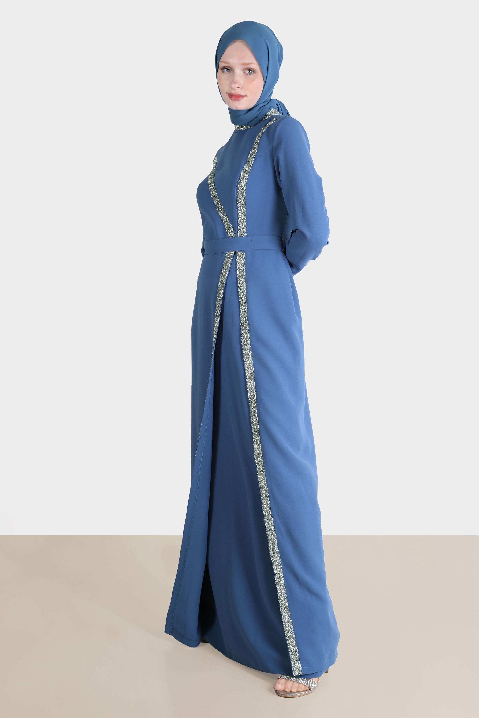 Tesettür giyim MAVİ TAŞLI ŞERİT DETAYLI ABİYE 50202 