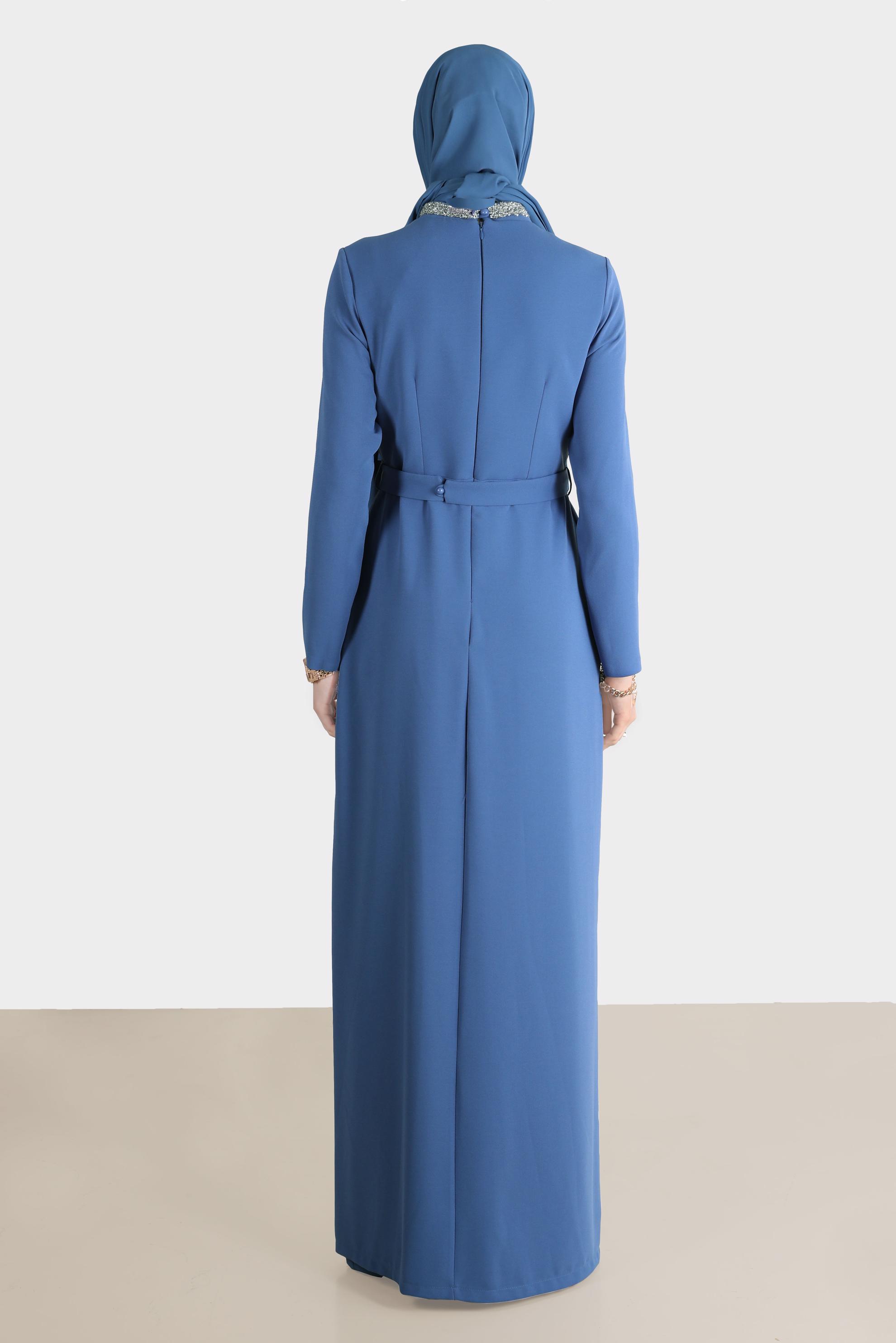 Tesettür giyim MAVİ TAŞLI ŞERİT DETAYLI ABİYE 50202 