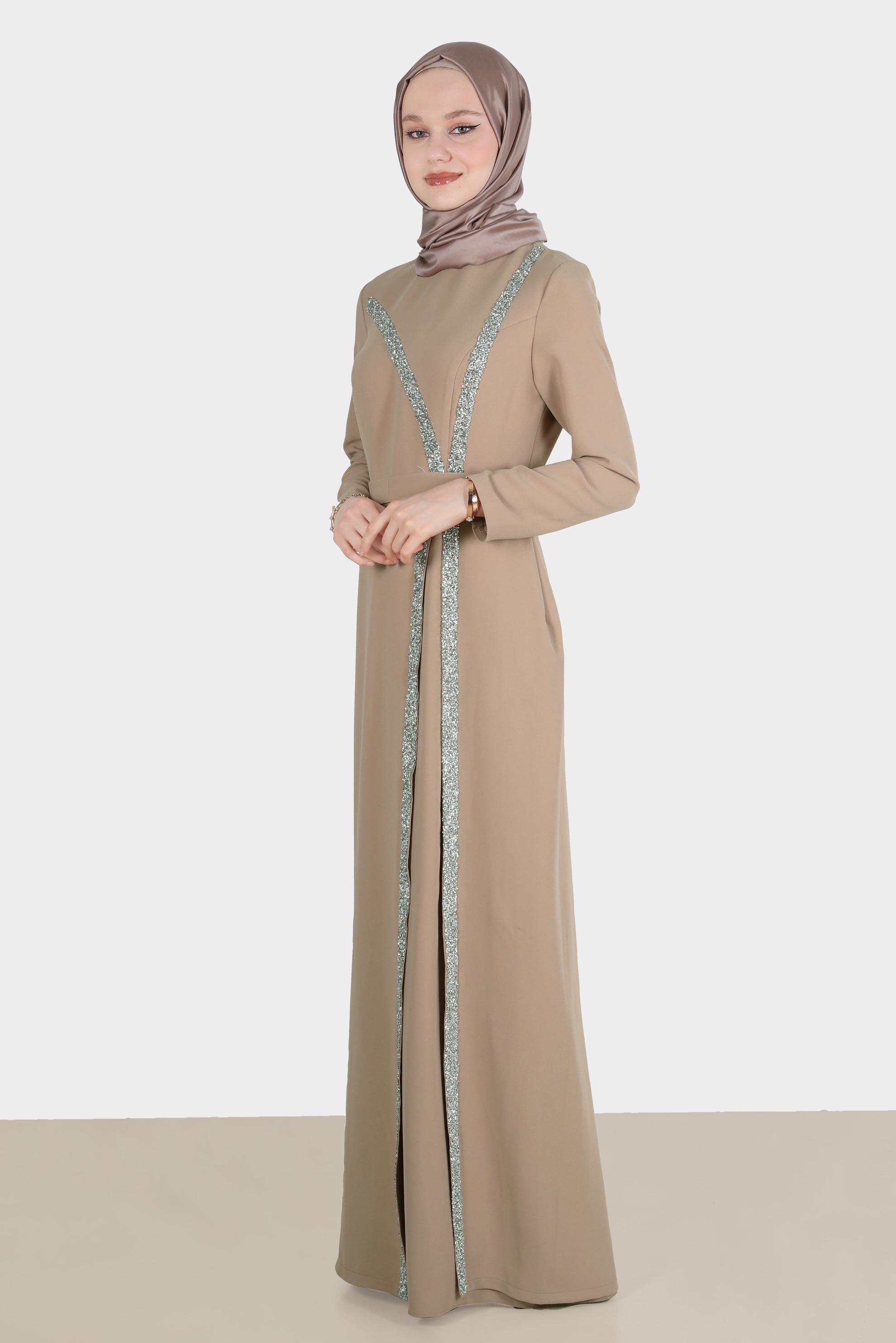 Tesettür giyim KAHVE TAŞLI ŞERİT DETAYLI ABİYE 50202 