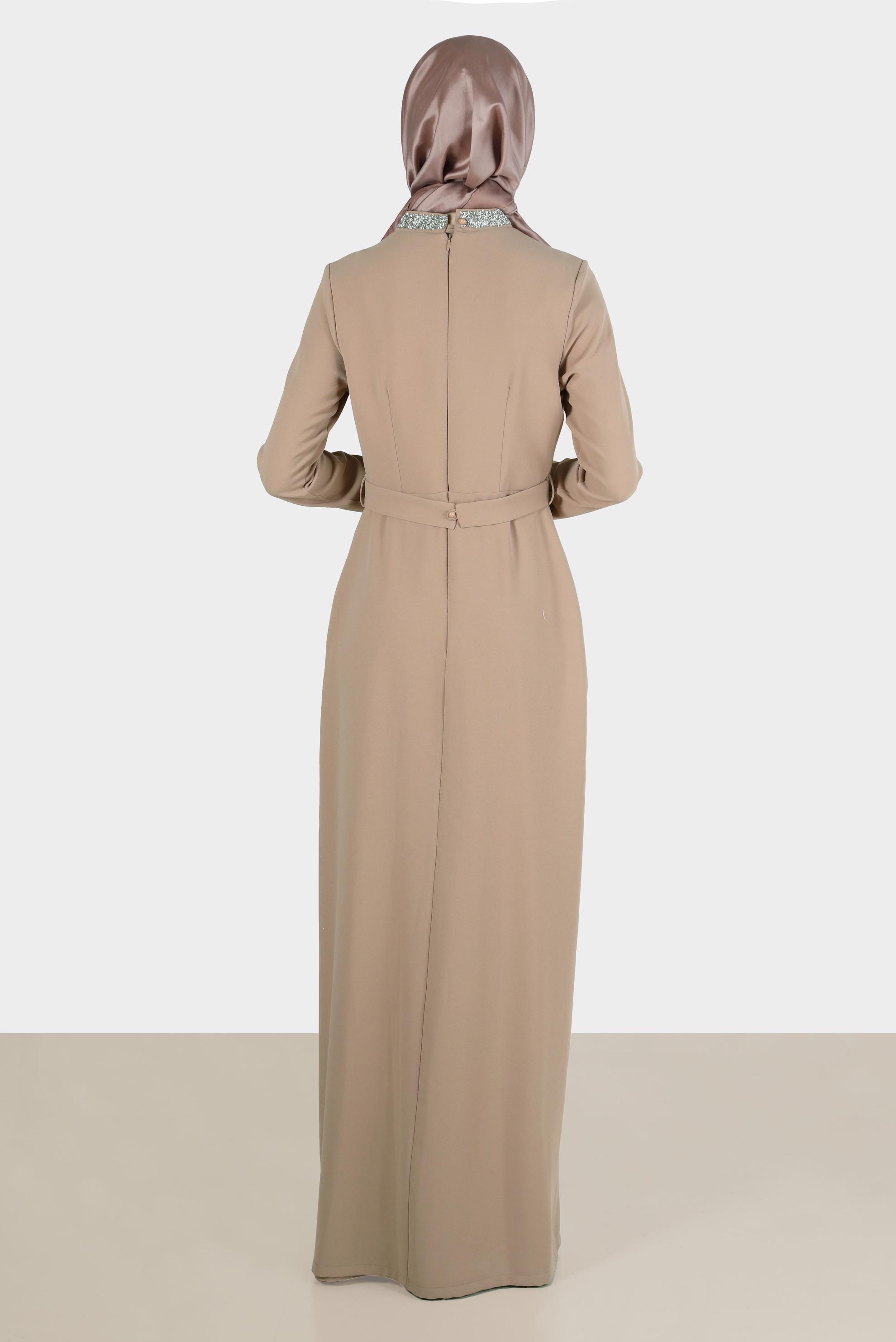 Tesettür giyim KAHVE TAŞLI ŞERİT DETAYLI ABİYE 50202 