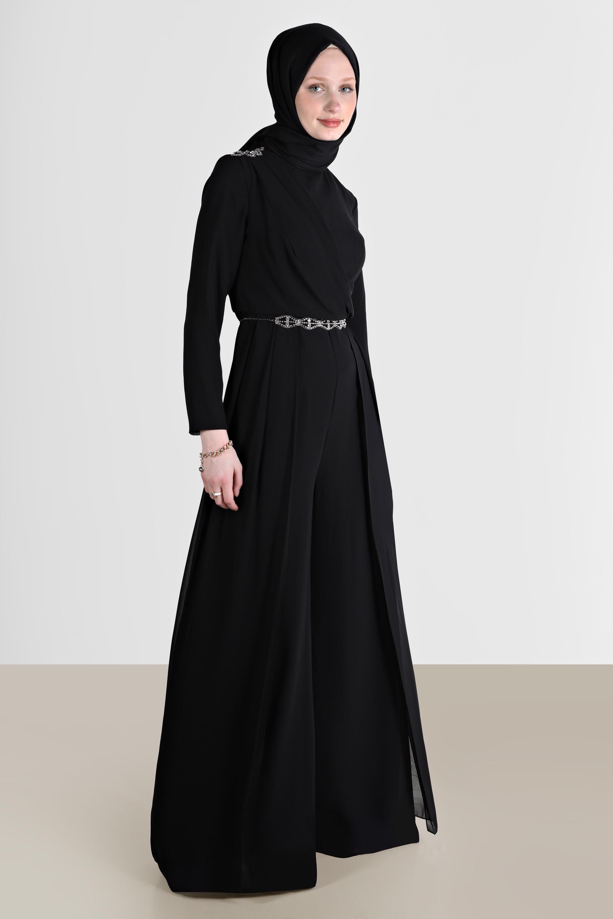 Tesettür giyim SİYAH TAŞLI KEMERLİ ŞİFON ABİYE TULUM 50205