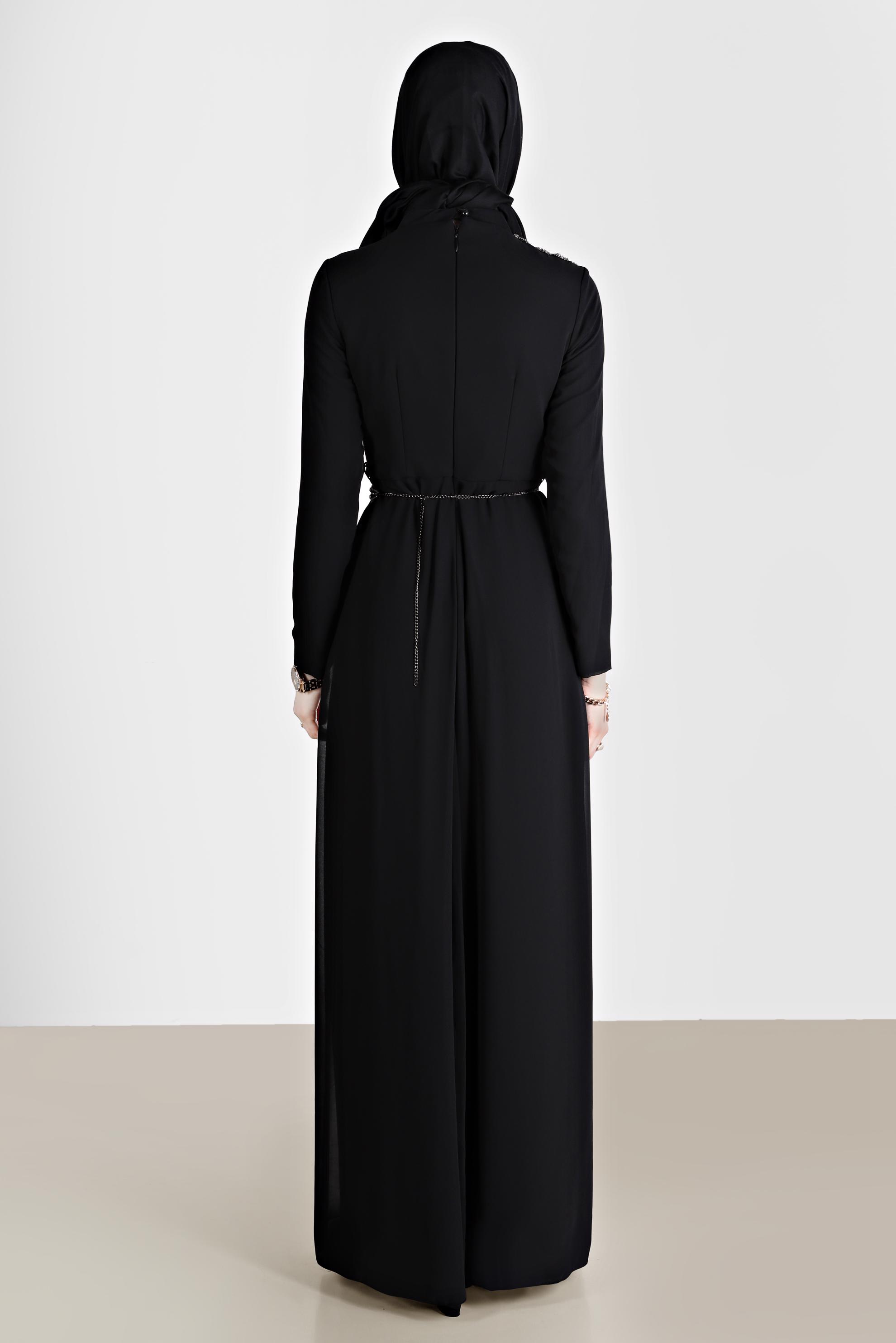 Tesettür giyim SİYAH TAŞLI KEMERLİ ŞİFON ABİYE TULUM 50205