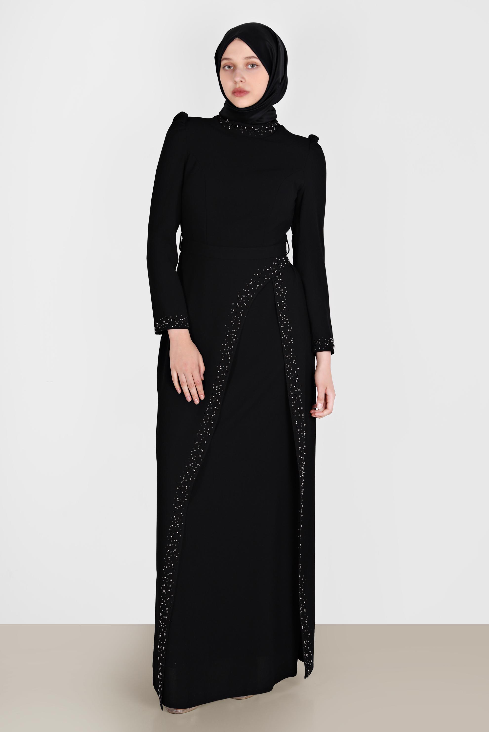 Hijab clothing BLACK BEAD EMBROIDERY DETAIL EVENING DRESS 50206 