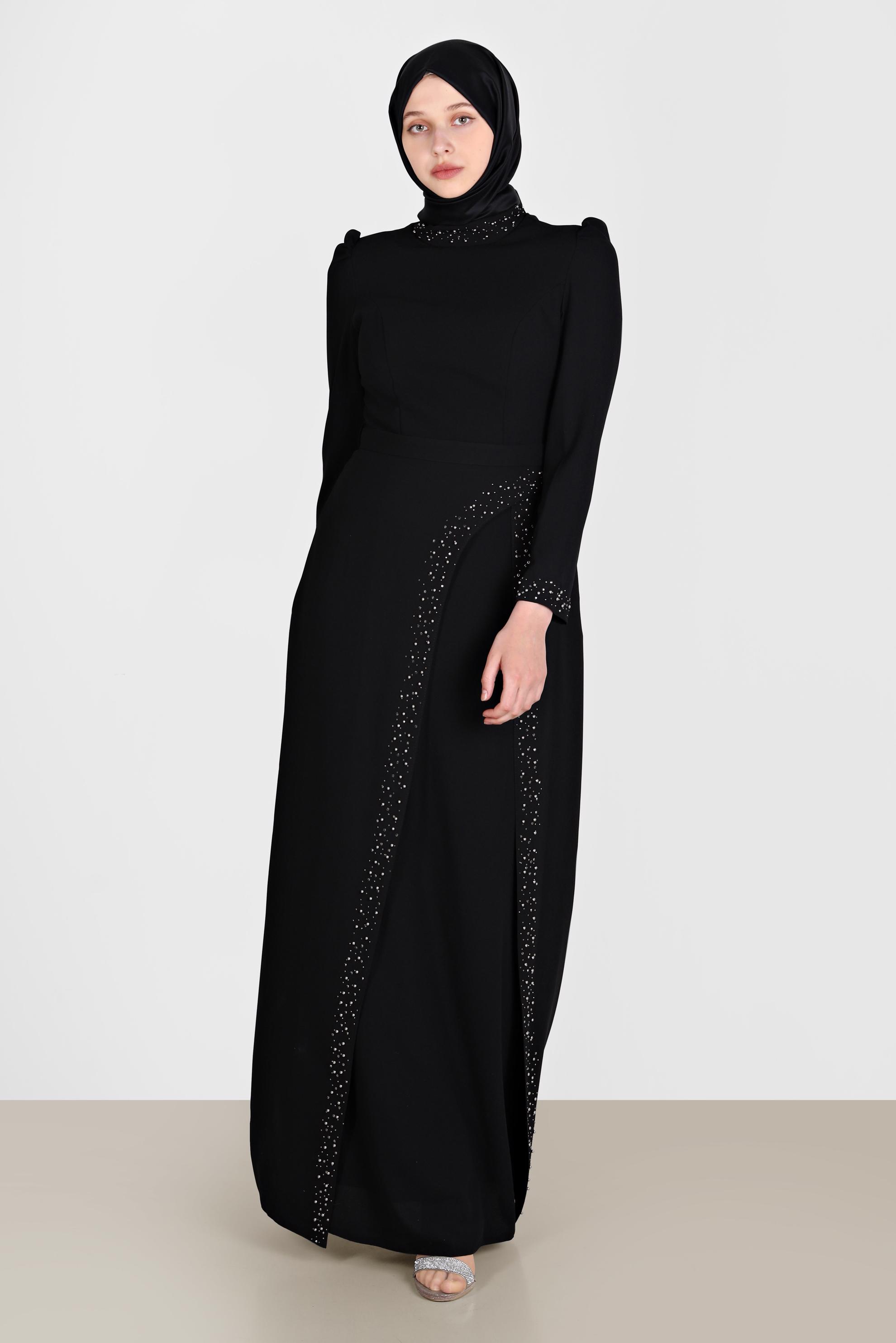 Hijab clothing BLACK BEAD EMBROIDERY DETAIL EVENING DRESS 50206 