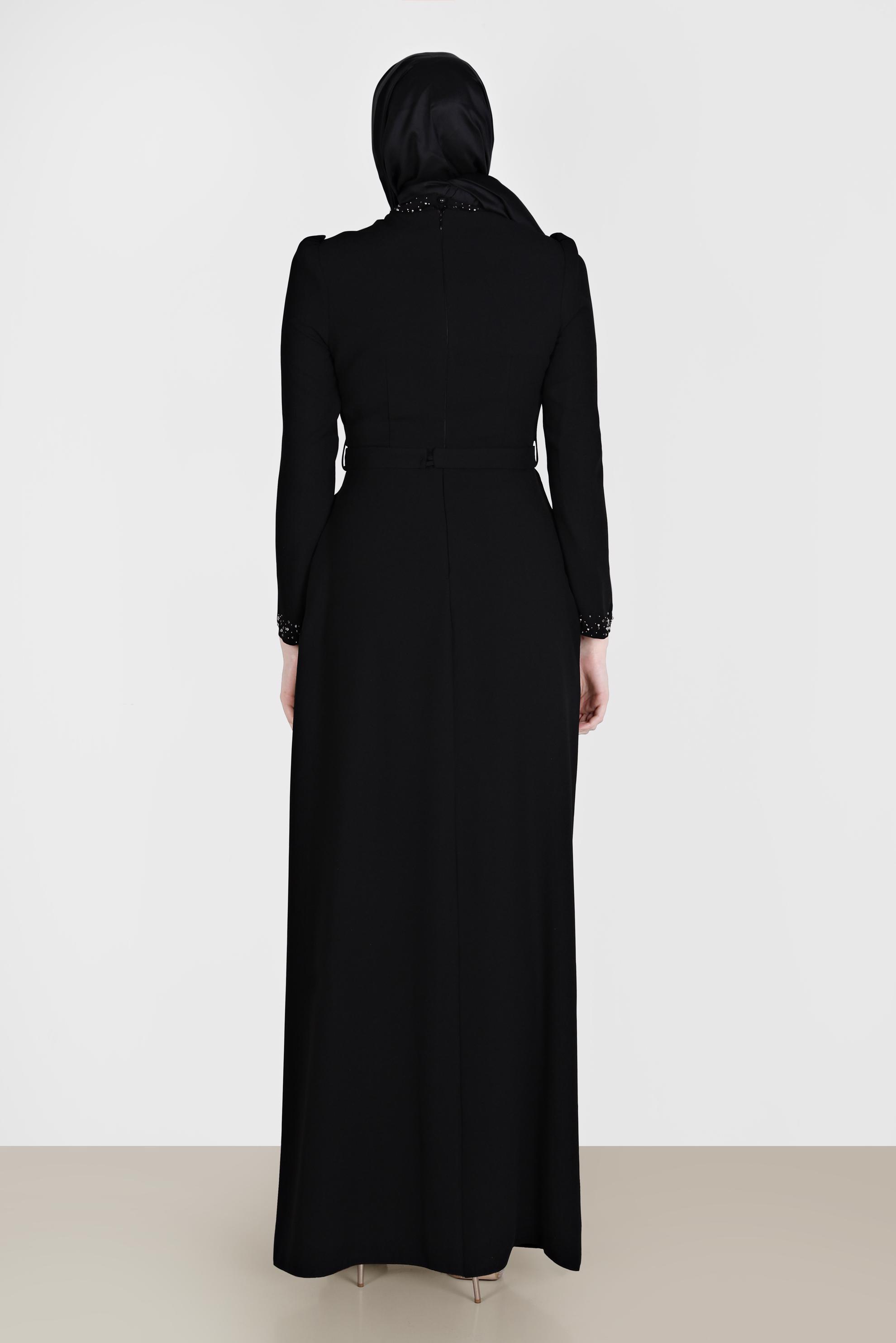 Hijab clothing BLACK BEAD EMBROIDERY DETAIL EVENING DRESS 50206 