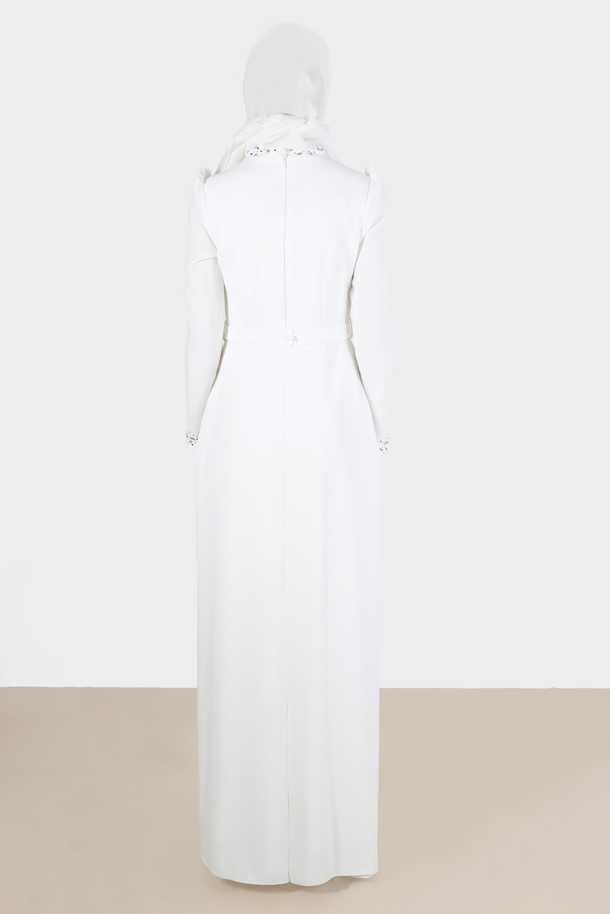 Tesettür giyim BEYAZ BONCUK İŞLEME DETAYLI ABİYE ELBİSE 50206	