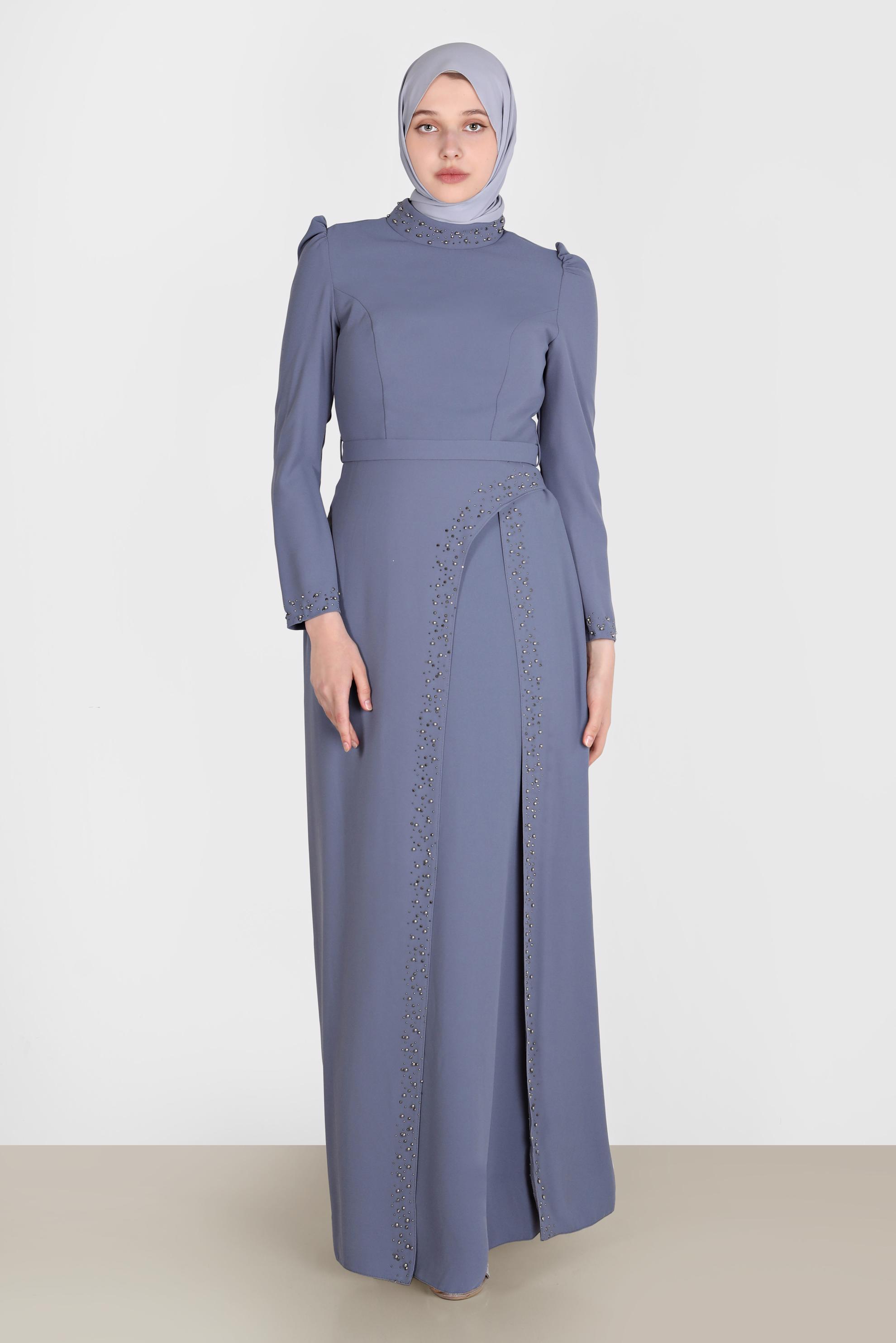Tesettür giyim GRİ BONCUK İŞLEME DETAYLI ABİYE ELBİSE 50206	
