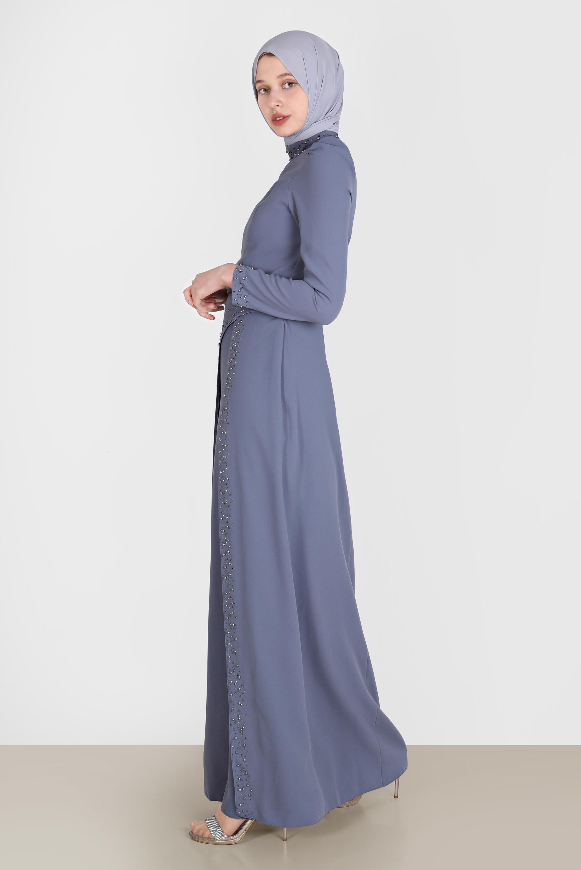 Tesettür giyim GRİ BONCUK İŞLEME DETAYLI ABİYE ELBİSE 50206	