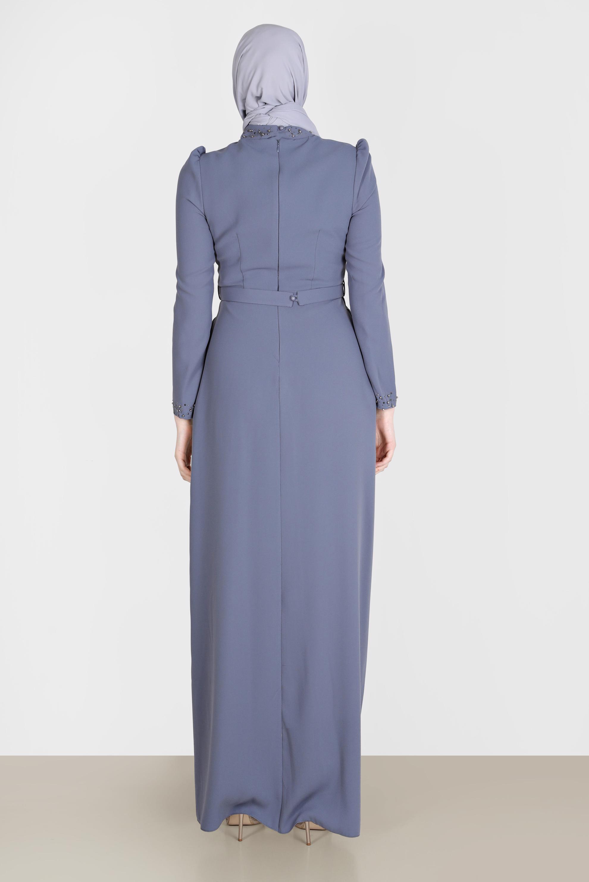 Tesettür giyim GRİ BONCUK İŞLEME DETAYLI ABİYE ELBİSE 50206	