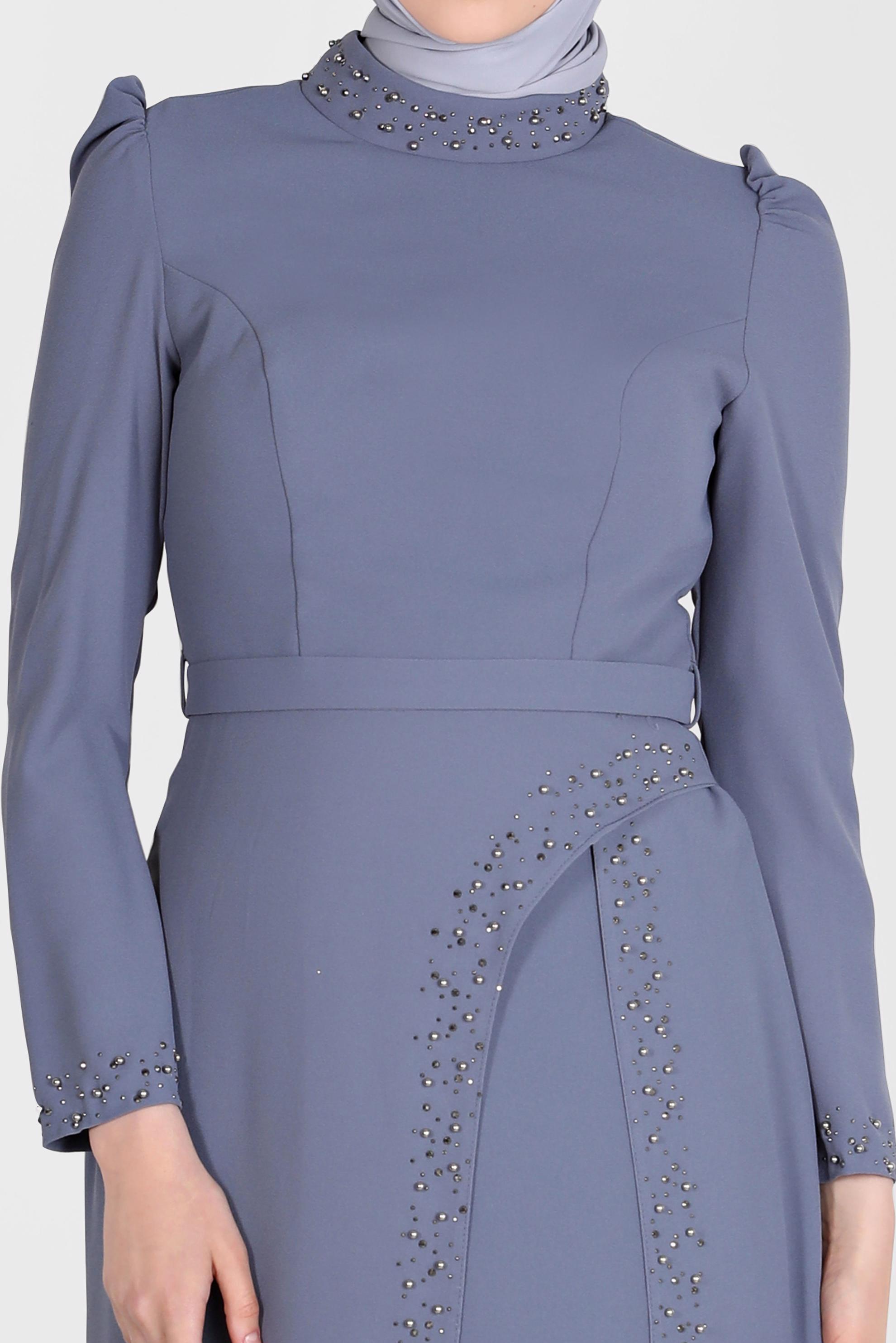 Tesettür giyim GRİ BONCUK İŞLEME DETAYLI ABİYE ELBİSE 50206	