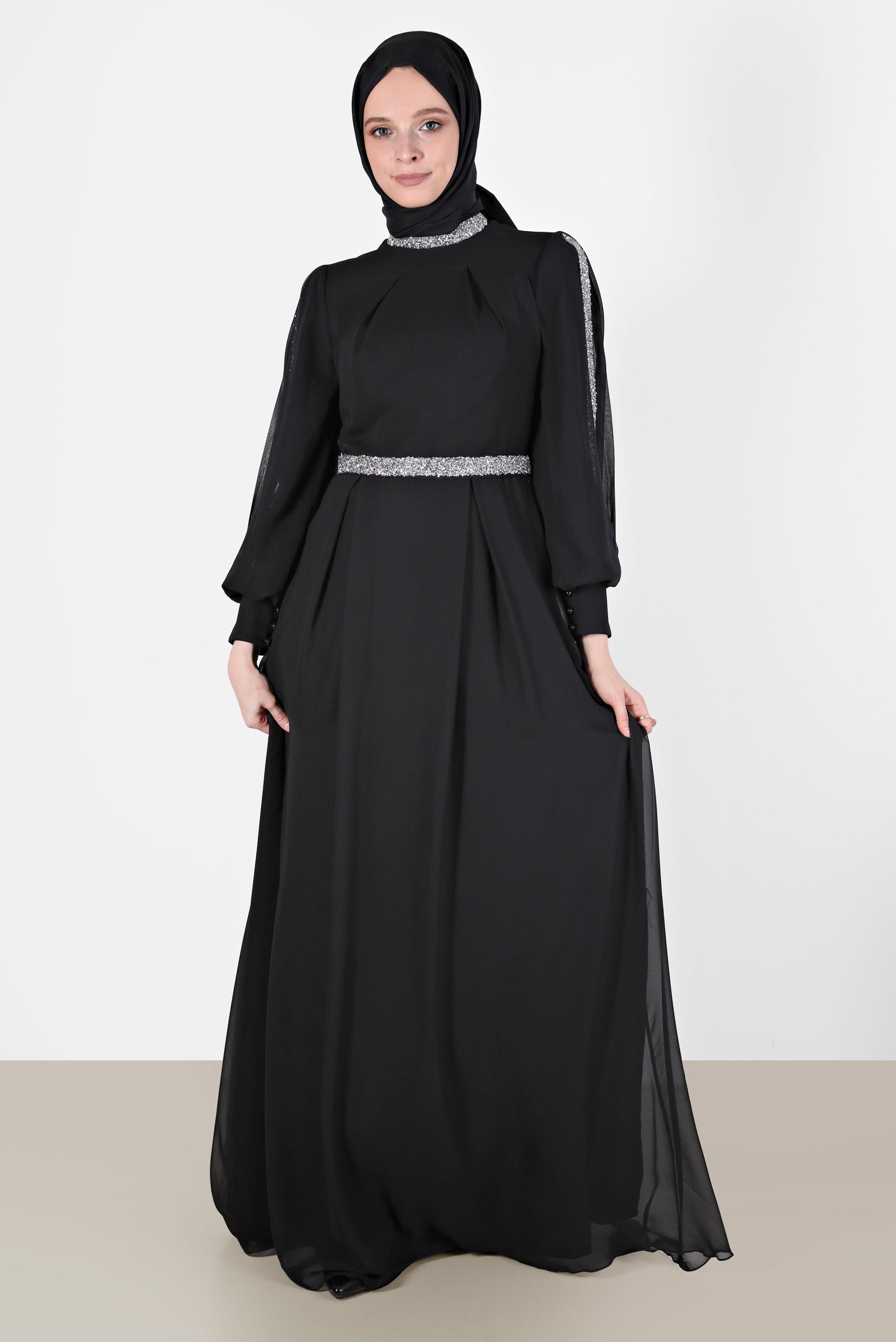 Tesettür giyim SİYAH PİLE DETAYLI TAŞLI ABİYE ELBİSE 50209 