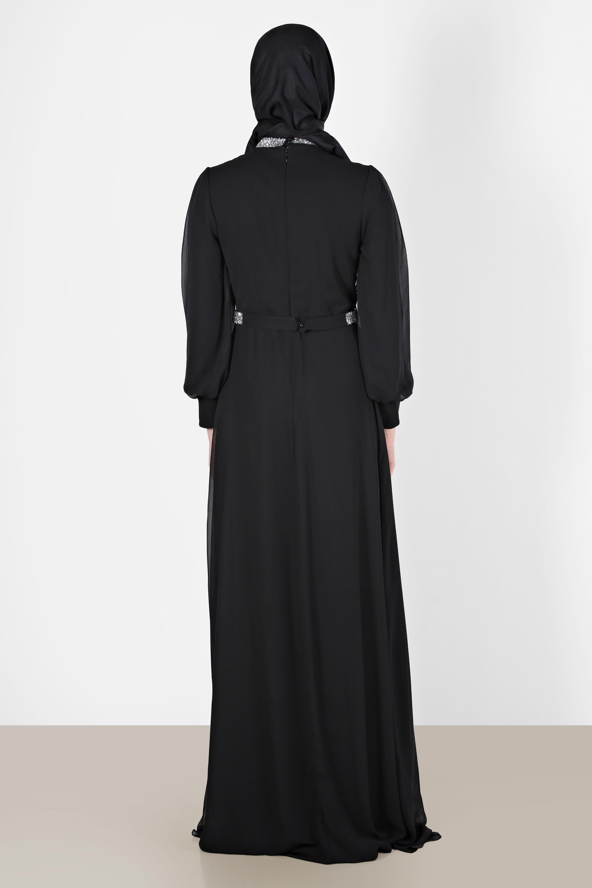 Tesettür giyim SİYAH PİLE DETAYLI TAŞLI ABİYE ELBİSE 50209 