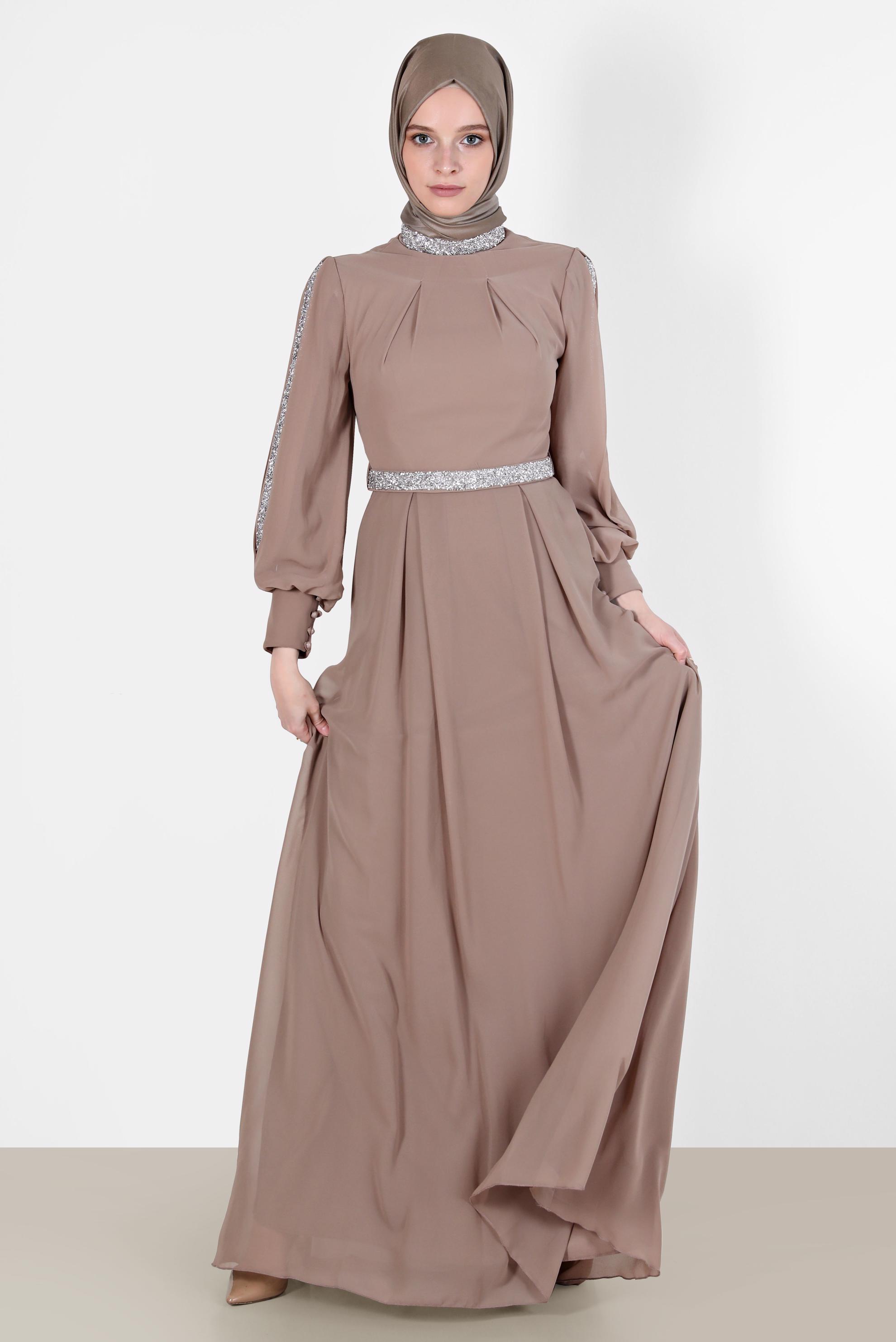 Tesettür giyim VİZON PİLE DETAYLI TAŞLI ABİYE ELBİSE 50209 