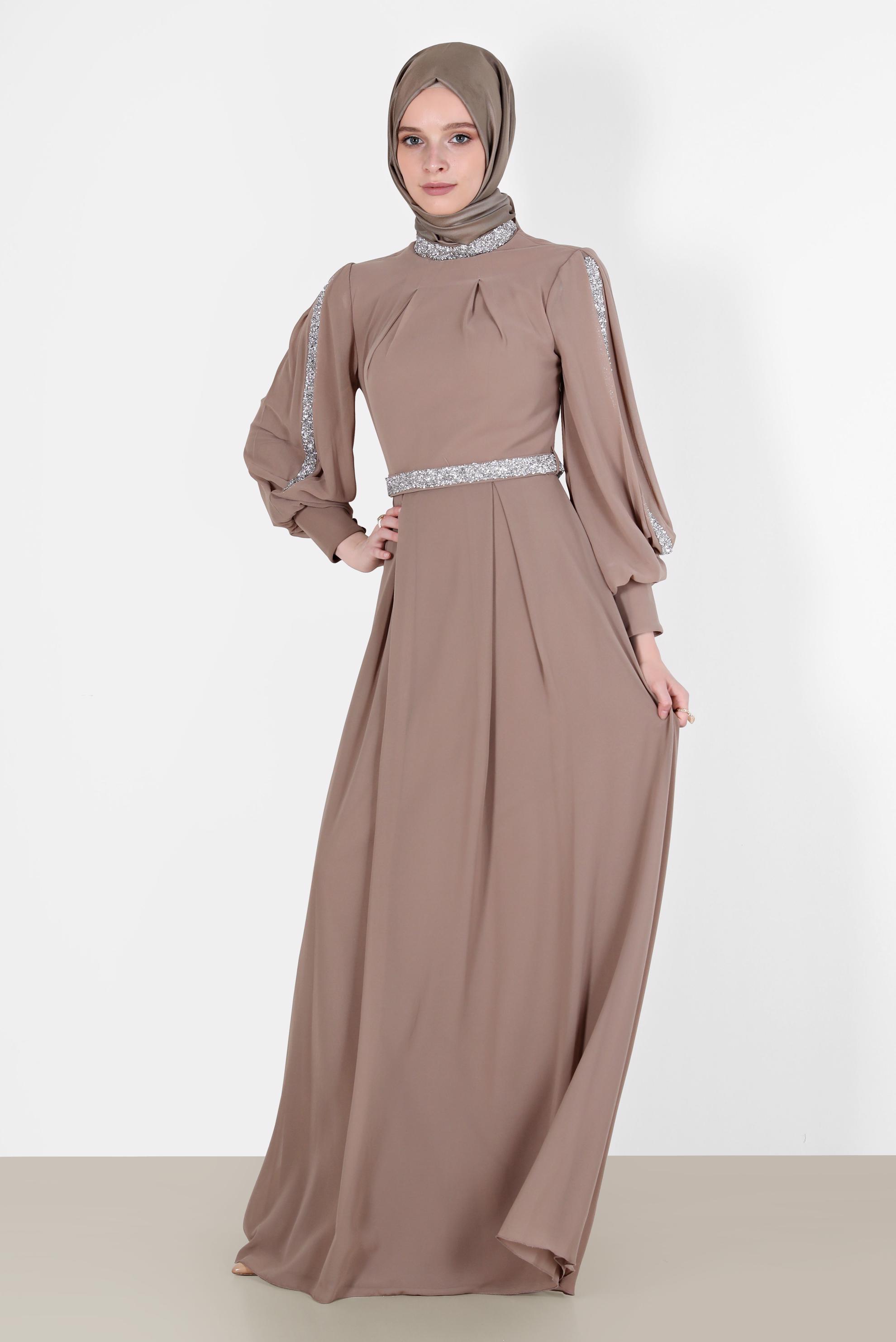 Tesettür giyim VİZON PİLE DETAYLI TAŞLI ABİYE ELBİSE 50209 