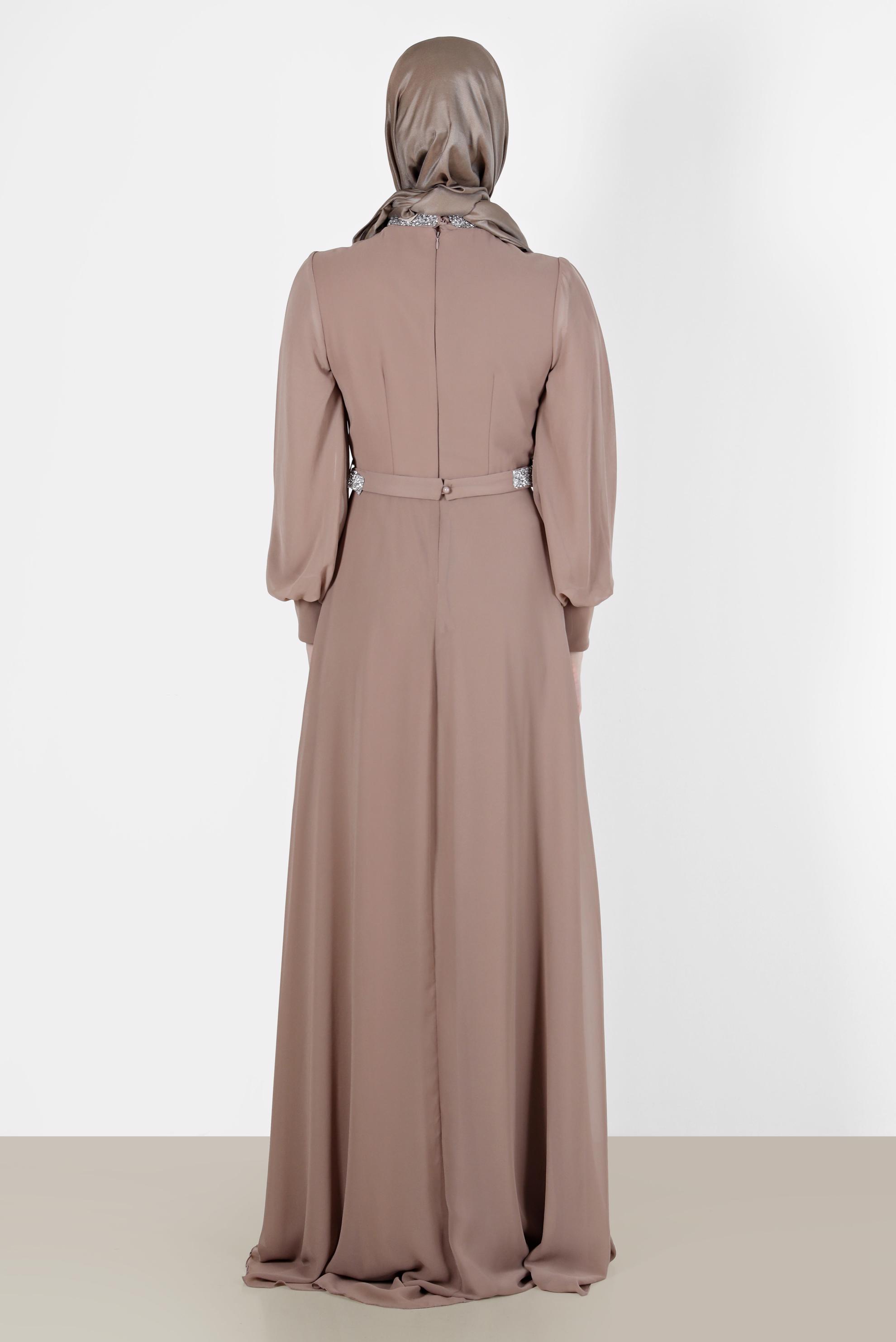 Tesettür giyim VİZON PİLE DETAYLI TAŞLI ABİYE ELBİSE 50209 