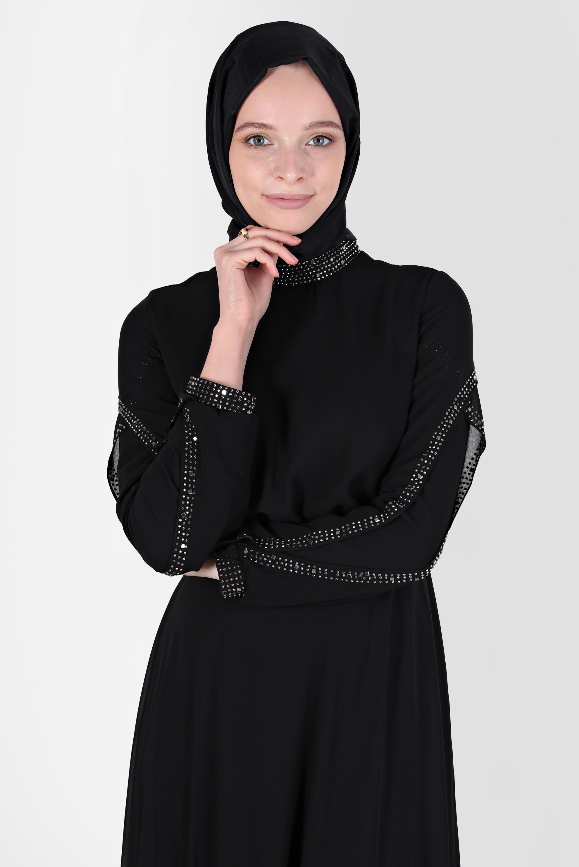 Tesettür giyim SİYAH TAŞLI ŞİFON ABİYE ELBİSE 50211