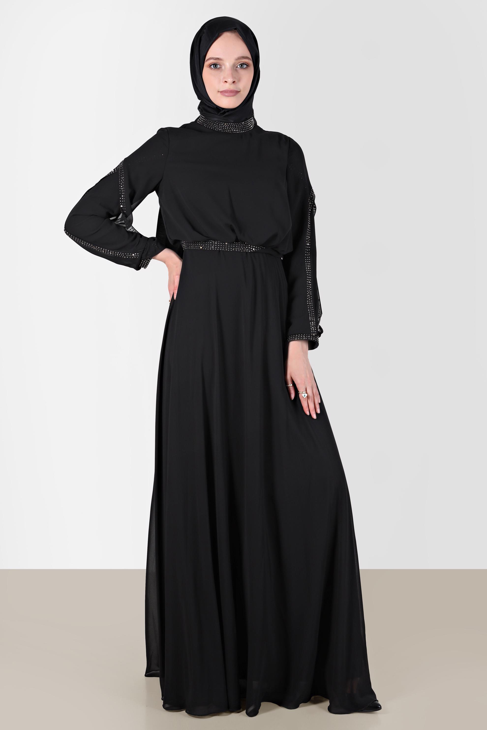 Tesettür giyim SİYAH TAŞLI ŞİFON ABİYE ELBİSE 50211