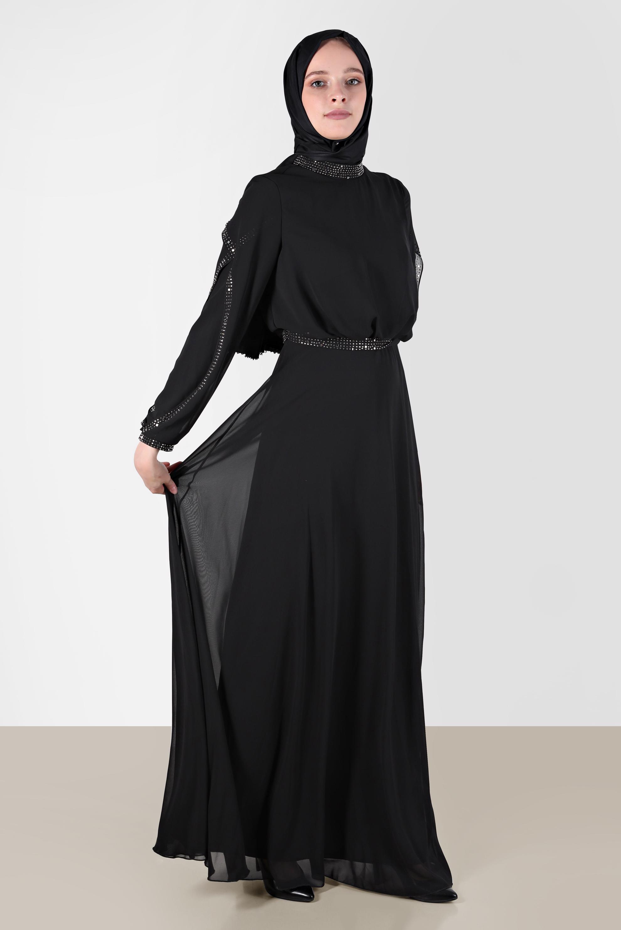 Tesettür giyim SİYAH TAŞLI ŞİFON ABİYE ELBİSE 50211