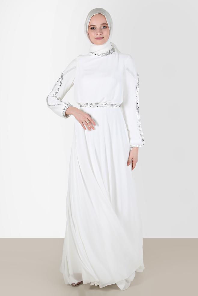 Tesettür giyim  TAŞLI ŞİFON ABİYE ELBİSE 50211 - ALVİNA