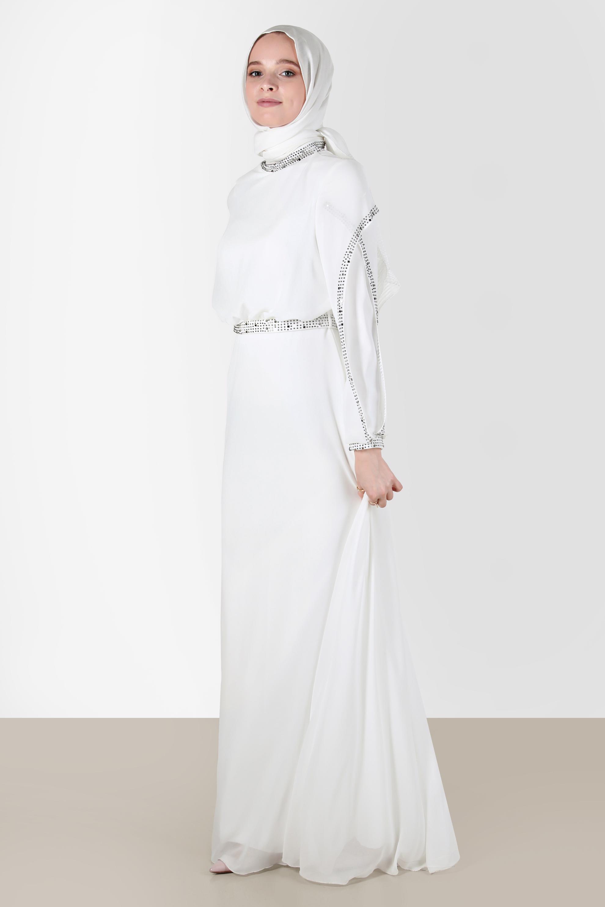 Tesettür giyim BEYAZ TAŞLI ŞİFON ABİYE ELBİSE 50211