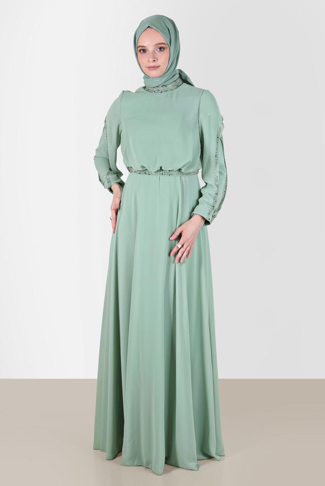 Tesettür giyim  TAŞLI ŞİFON ABİYE ELBİSE 50211 - ALVİNA
