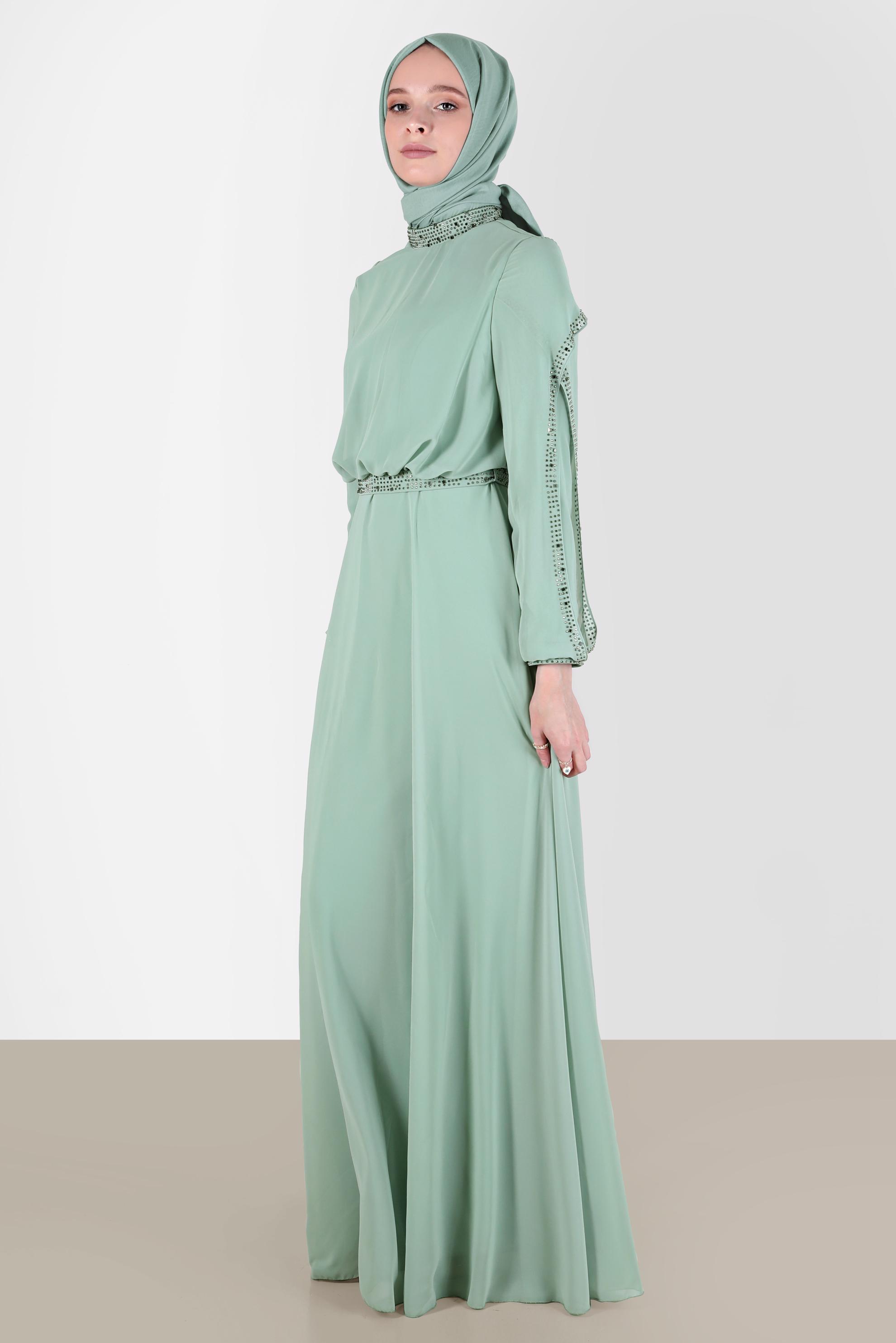 Tesettür giyim YEŞİL TAŞLI ŞİFON ABİYE ELBİSE 50211