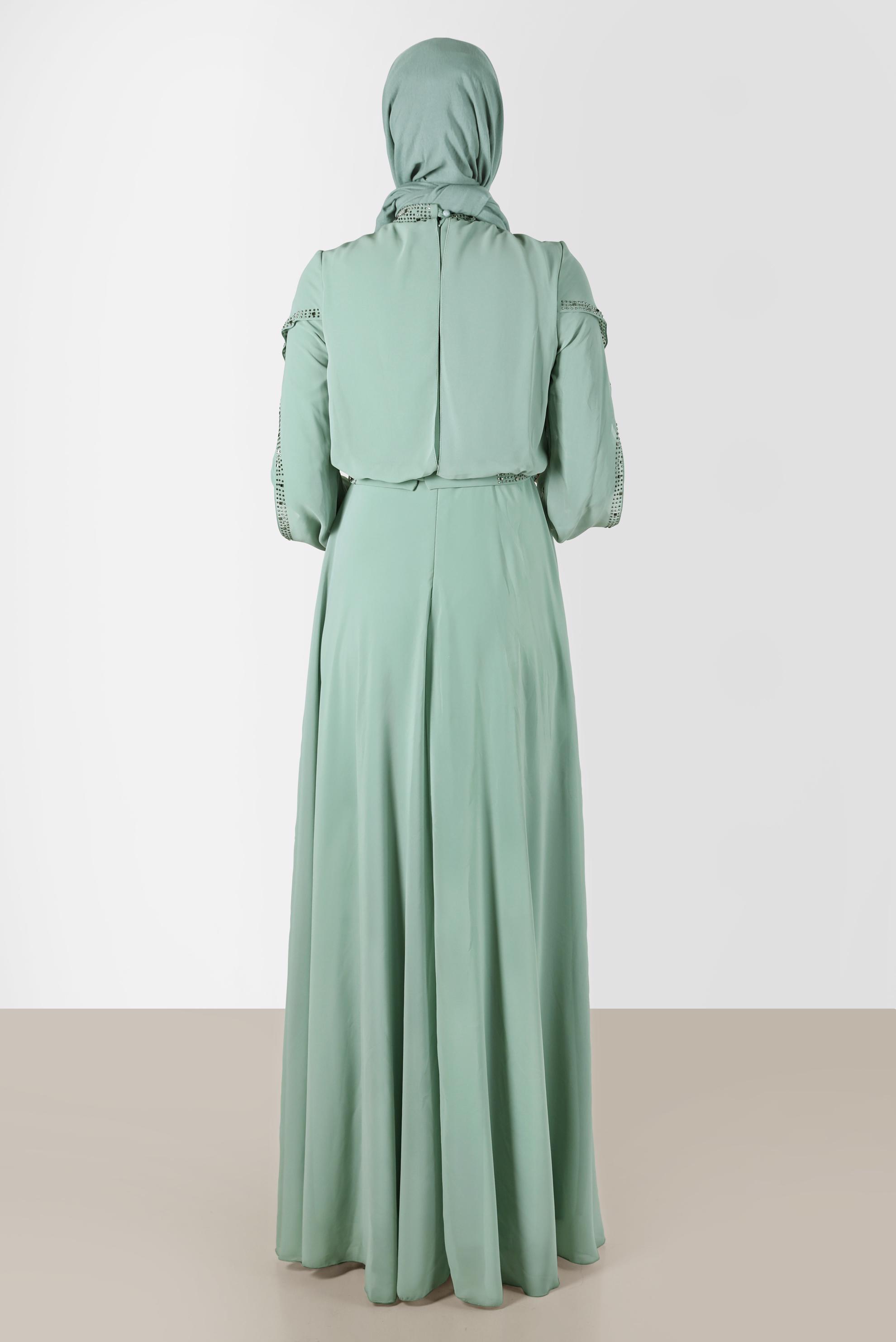 Tesettür giyim YEŞİL TAŞLI ŞİFON ABİYE ELBİSE 50211