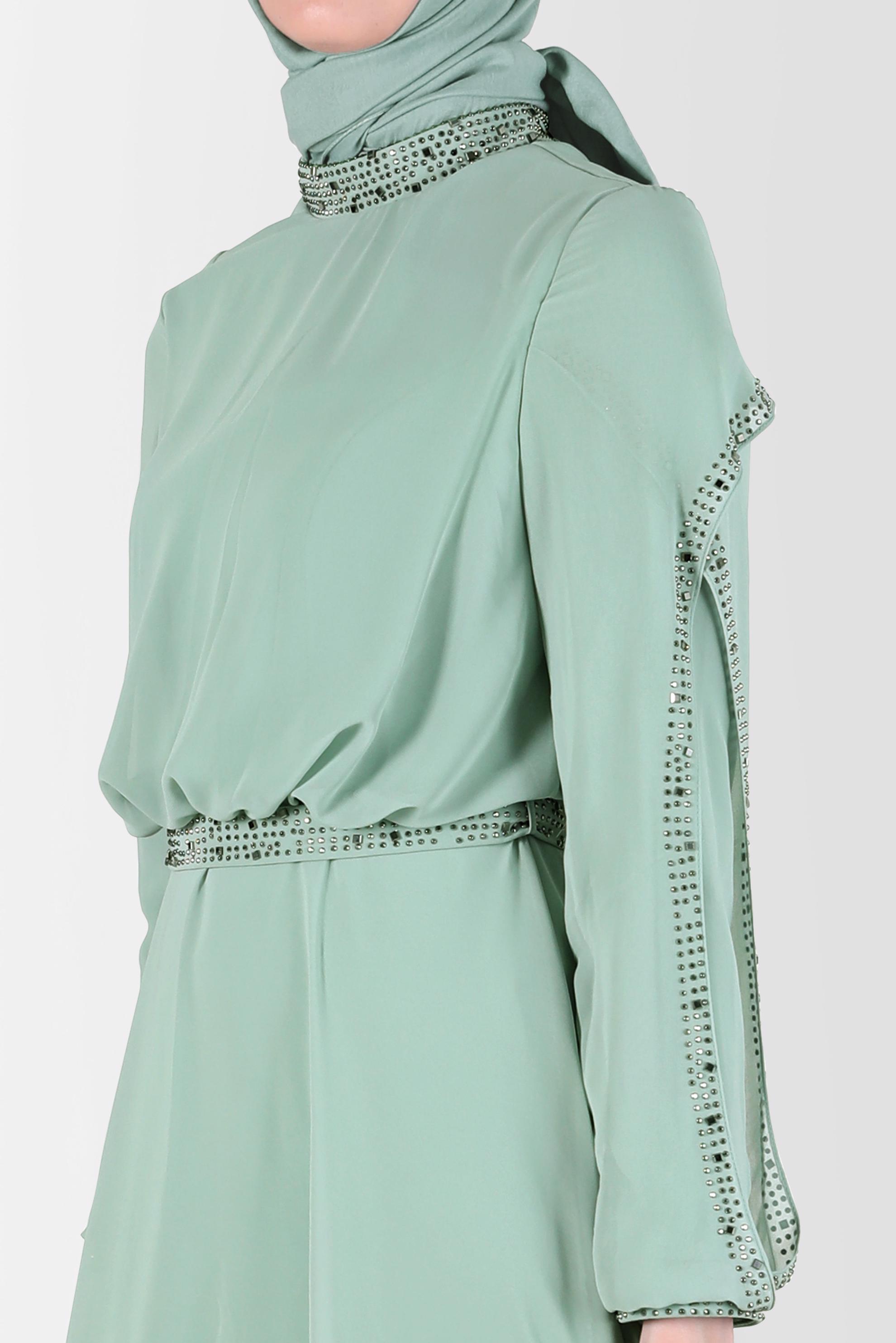 Tesettür giyim YEŞİL TAŞLI ŞİFON ABİYE ELBİSE 50211