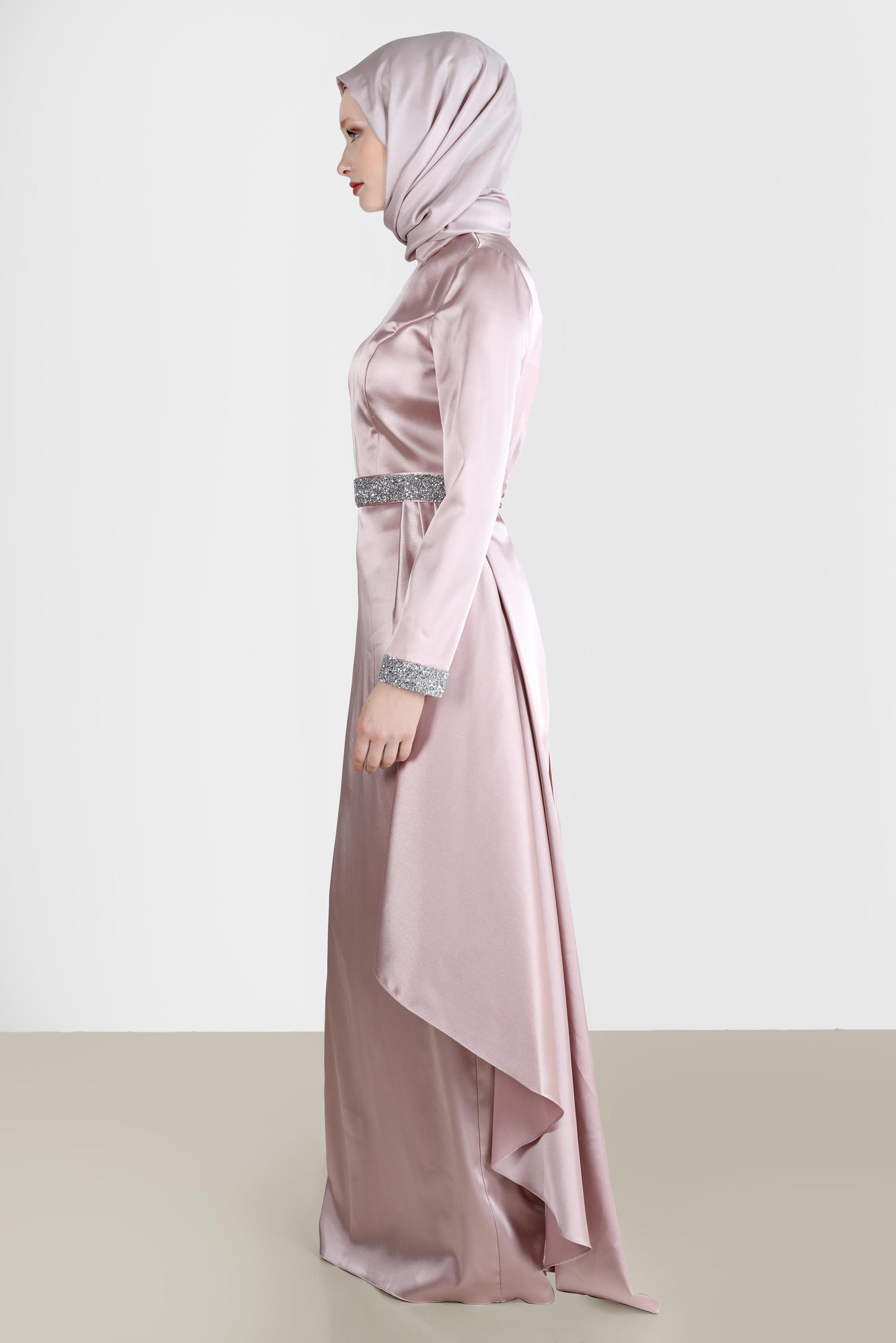 Vêtements hijab POUDRE ROBE DE SOIRÉE EN SATIN CEINTURE DÉTAIL GEM 50212