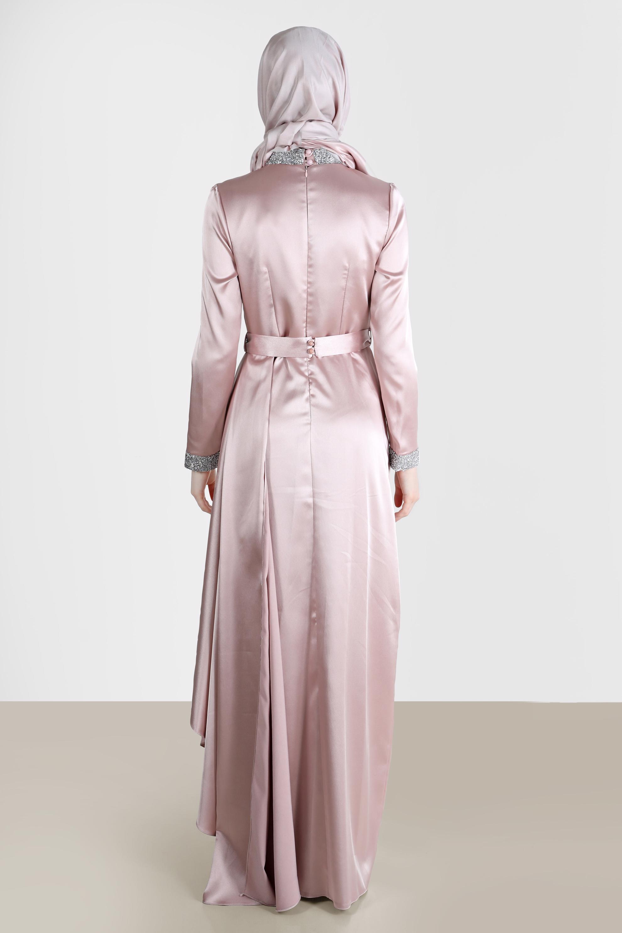 Vêtements hijab POUDRE ROBE DE SOIRÉE EN SATIN CEINTURE DÉTAIL GEM 50212