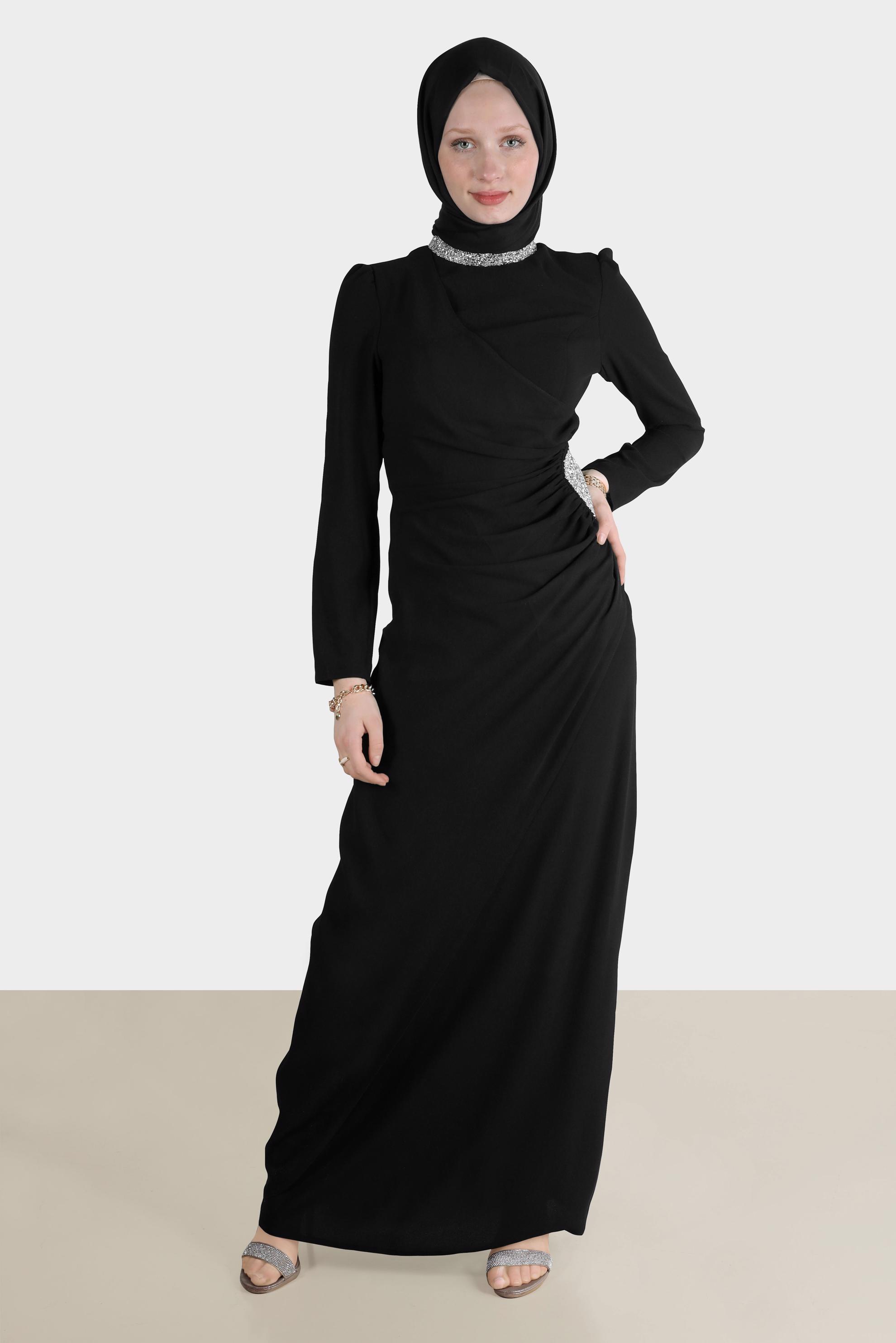 Vêtements hijab NOIR ROBE DE SOIRÉE SMOCKING DÉTAIL GEM 50214