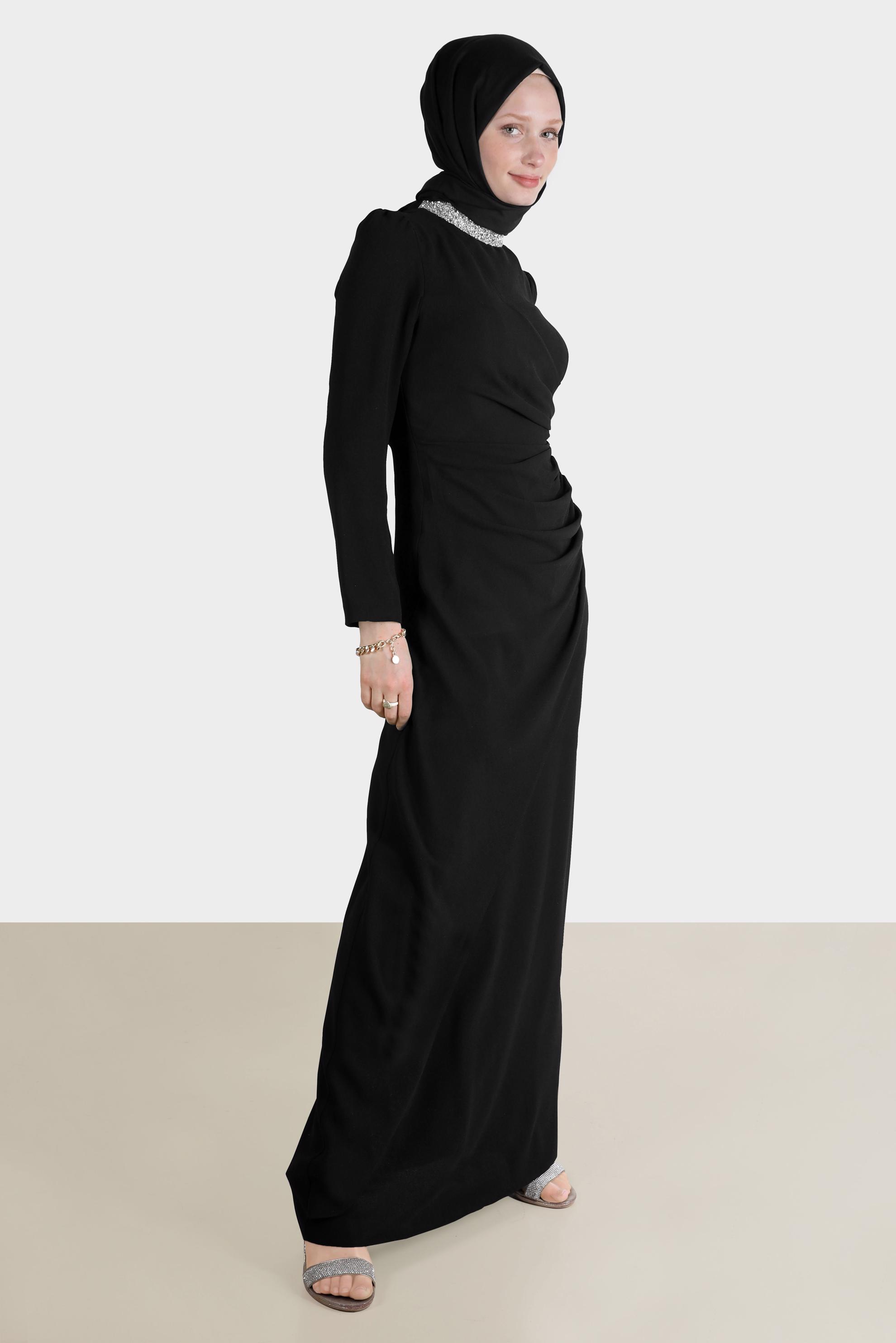 Vêtements hijab NOIR ROBE DE SOIRÉE SMOCKING DÉTAIL GEM 50214