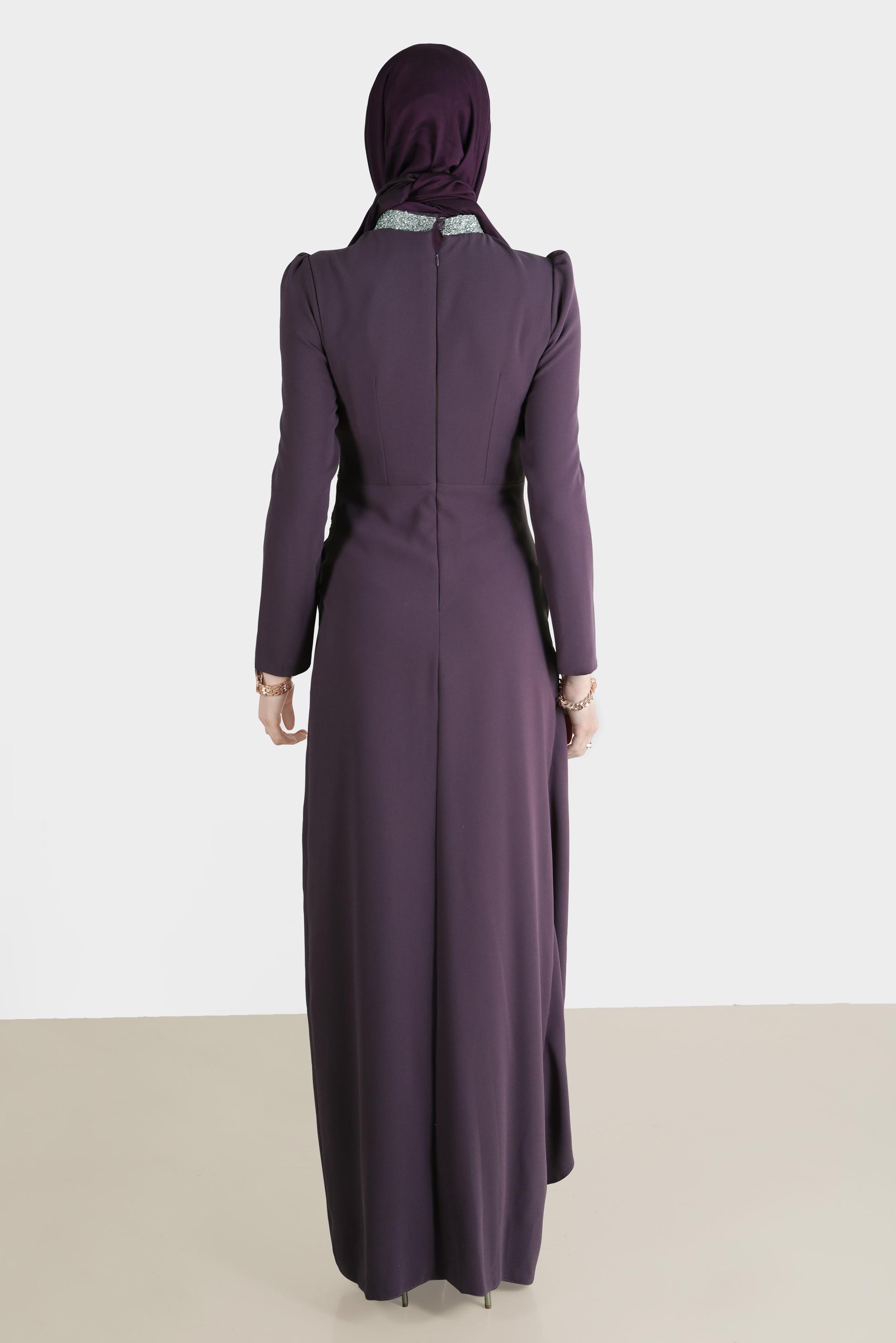 Tesettür giyim MOR TAŞ DETAYLI BÜZGÜLÜ ABİYE ELBİSE 50214 