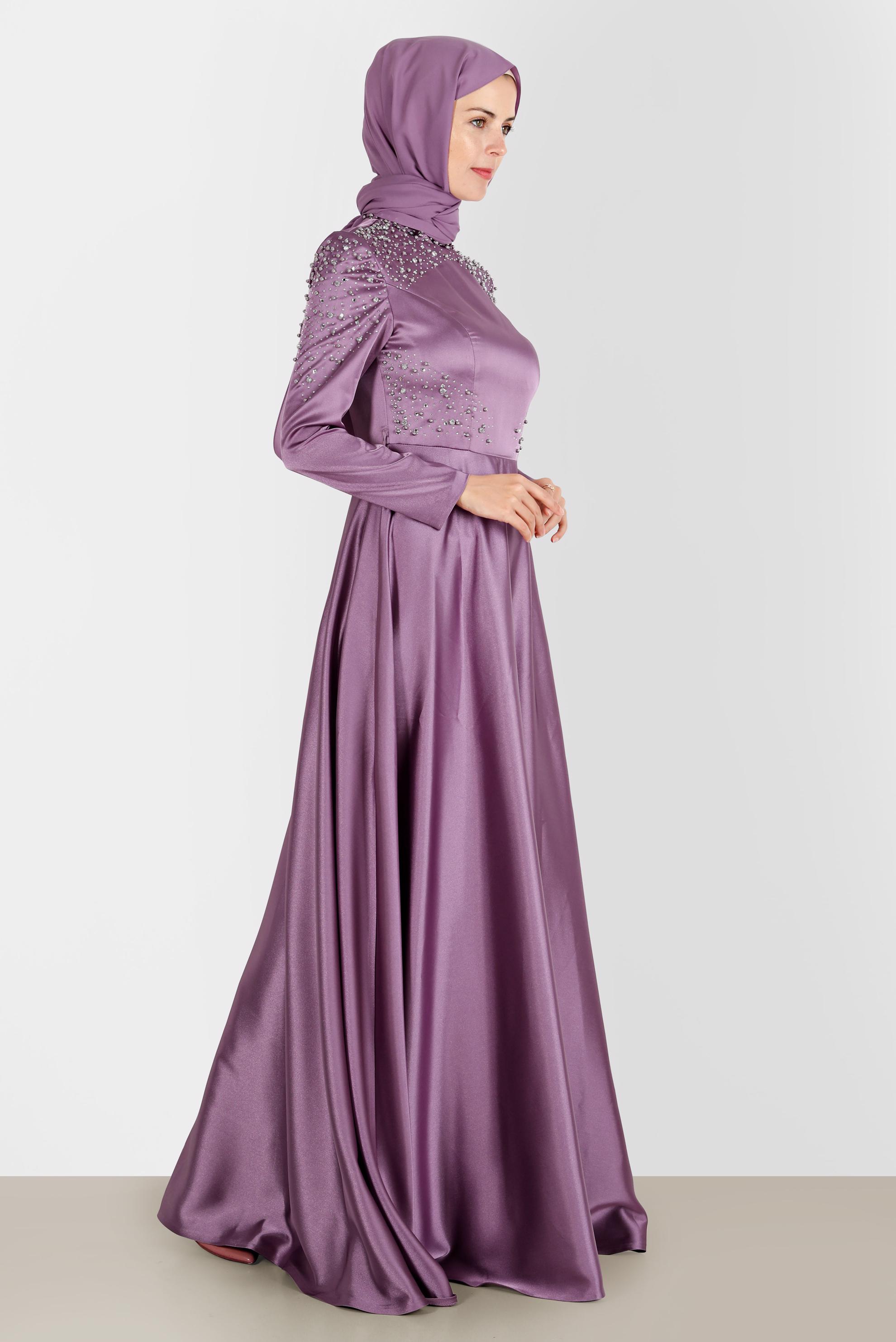 Tesettür giyim MOR İNCİ VE TAŞ İŞLEMELİ SATEN ABİYE ELBİSE 50215 