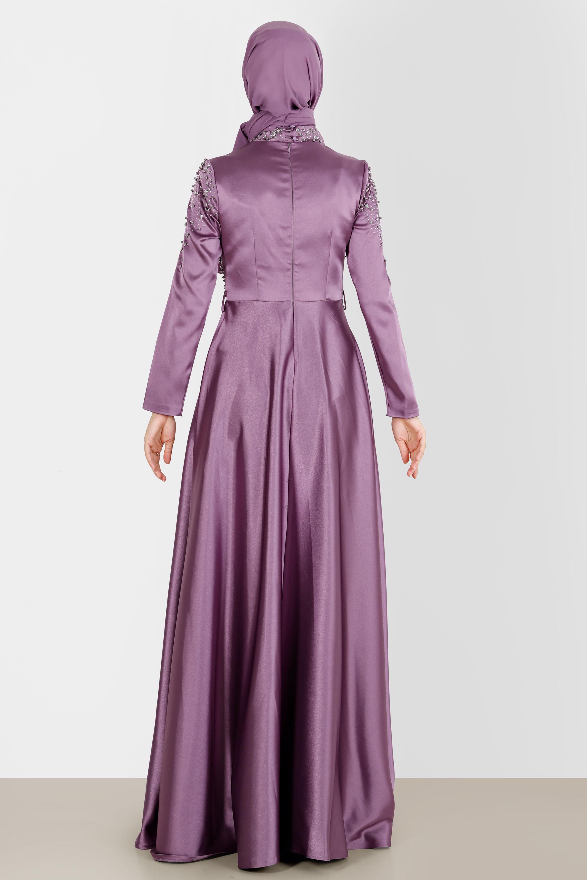Tesettür giyim MOR İNCİ VE TAŞ İŞLEMELİ SATEN ABİYE ELBİSE 50215 